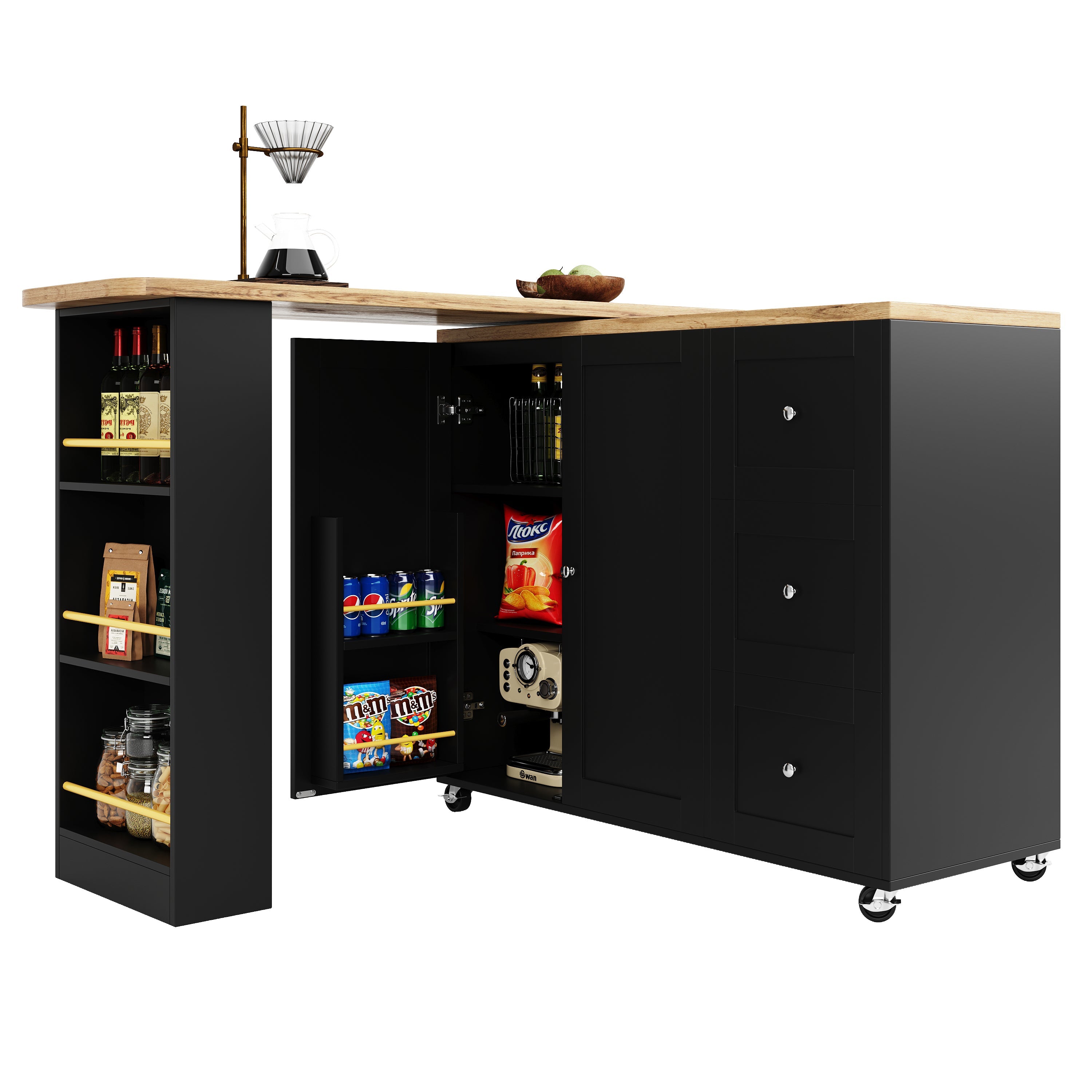 Logidon 360 graden draaibare eettafel zwart 138-209x39x104 met wielen