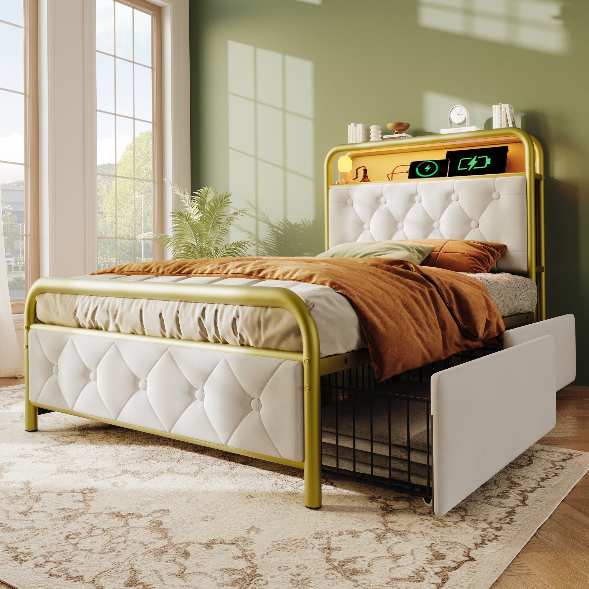Logidon upholstered bed 90x200 USB C charging function LED white velvet drawers
