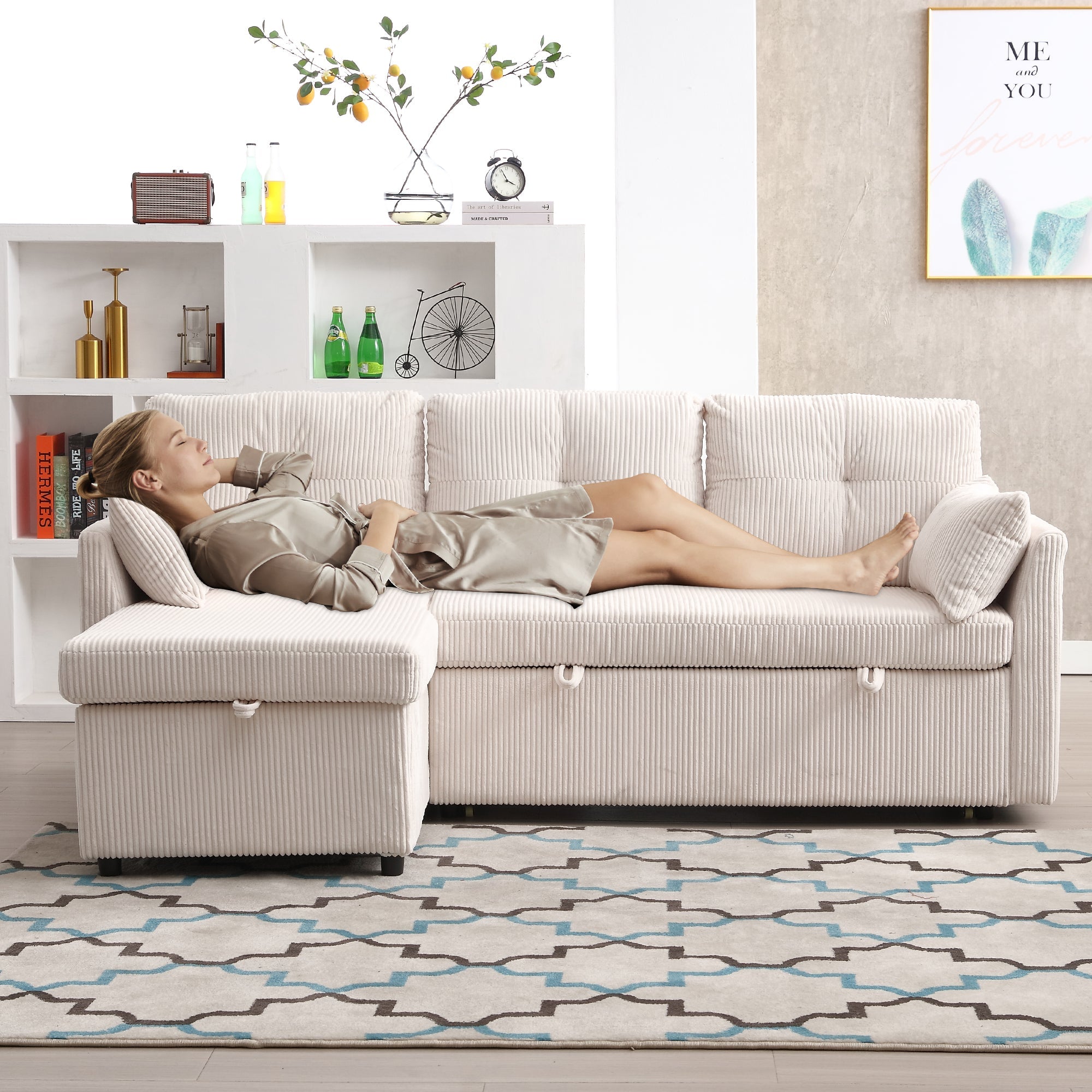 Logidon sofa bed with storage space and pull-out bed beige velvet cover