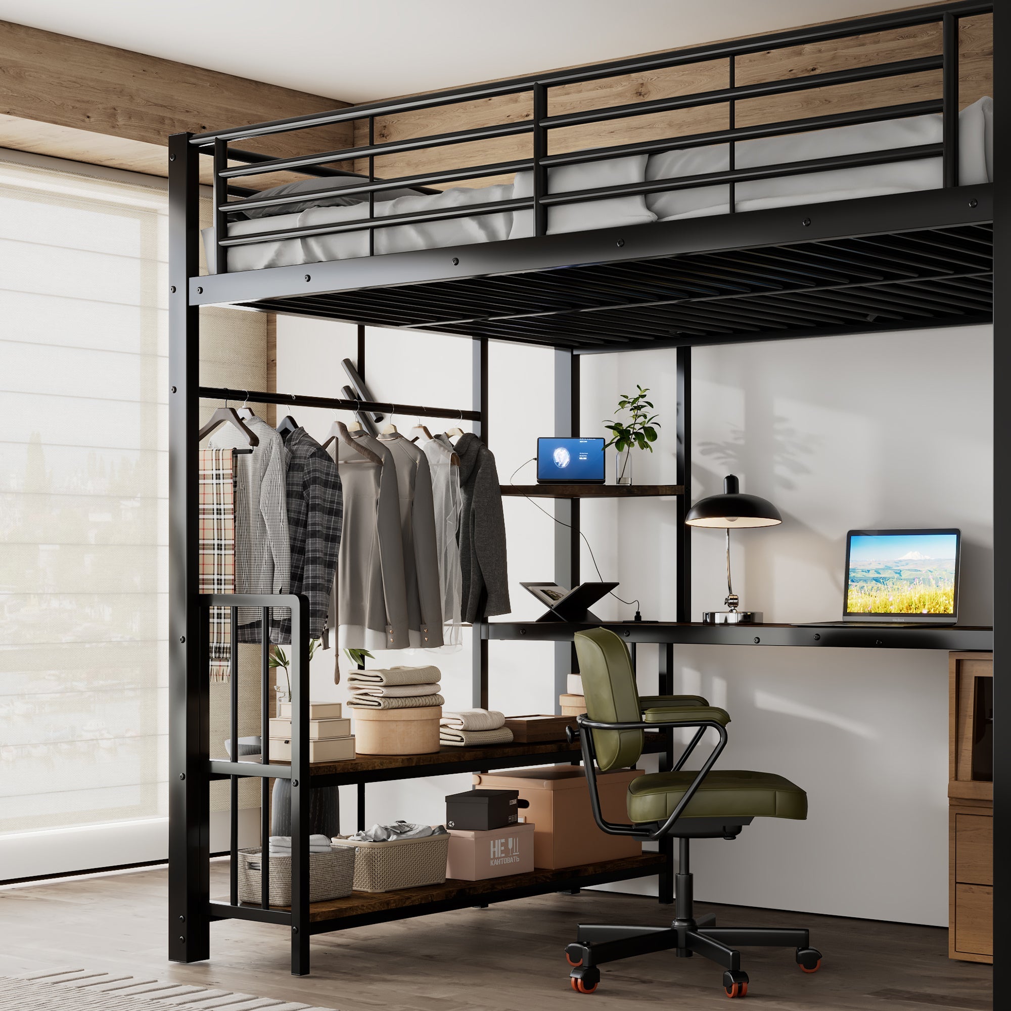Logidon hoogslaper 120x200 zwart met ladder en oplaadpoort