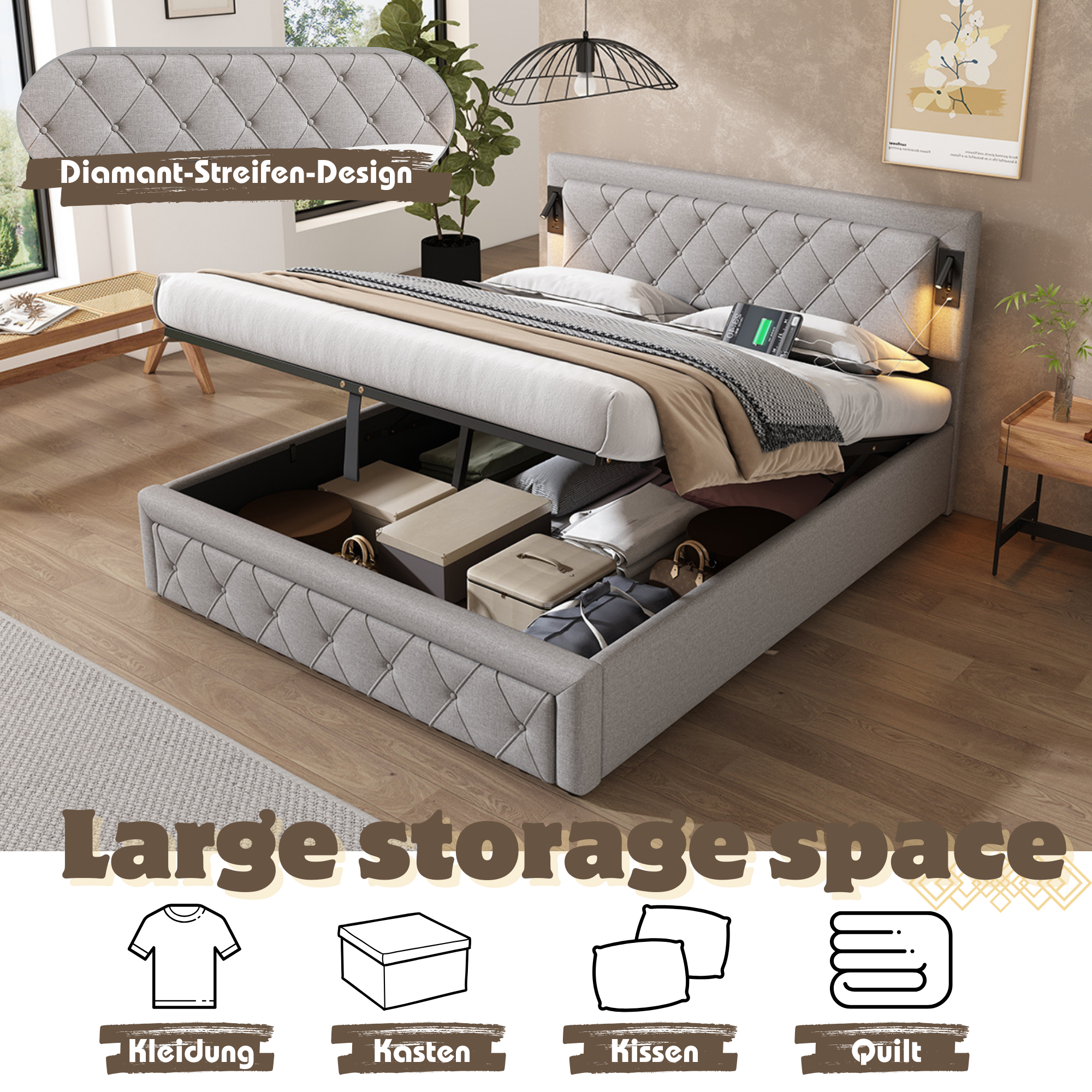 Logidon gestoffeerd bed 160x200 grijs met inbouwspot USB opbergruimte lattenbodem