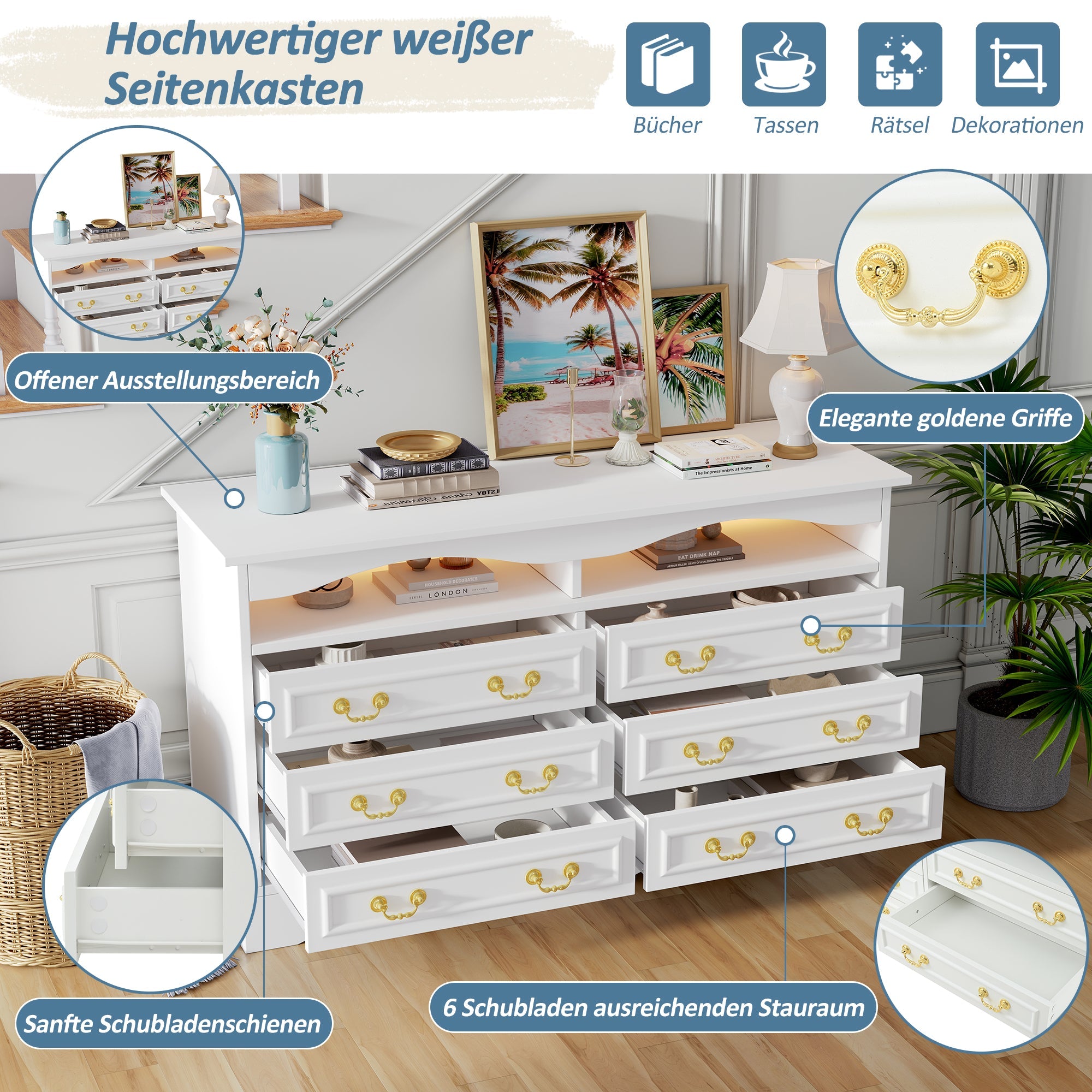 Logidon Dressoir 120x40x70 met LED-licht en halfopen opbergruimte Wit