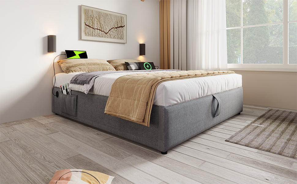 Logidon upholstered bed 160x200 gray with USB C and full-surface slatted frame