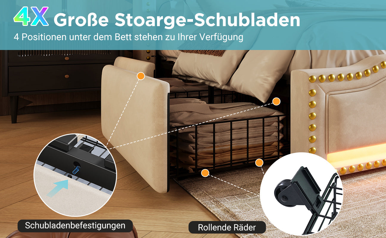 Logidon gestoffeerd bed 160x200 beige fluweel met 4 lades LED USB C