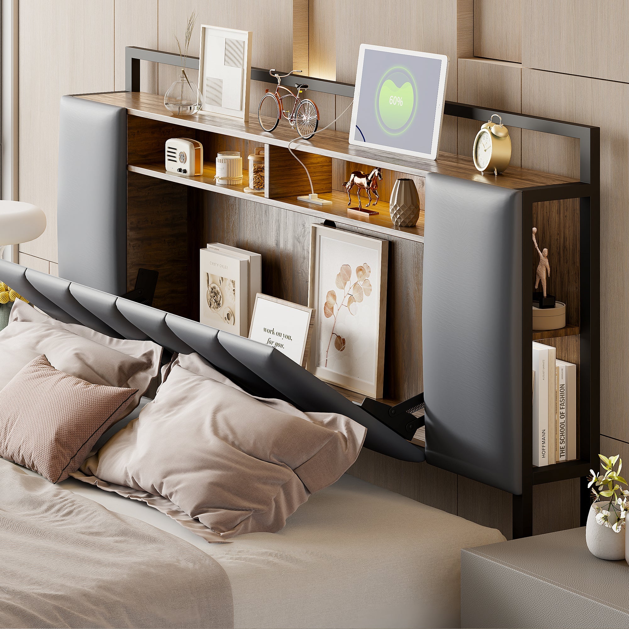 Logidon gestoffeerd bed 160x200 cm grijs kunstleer met LED USB-laden