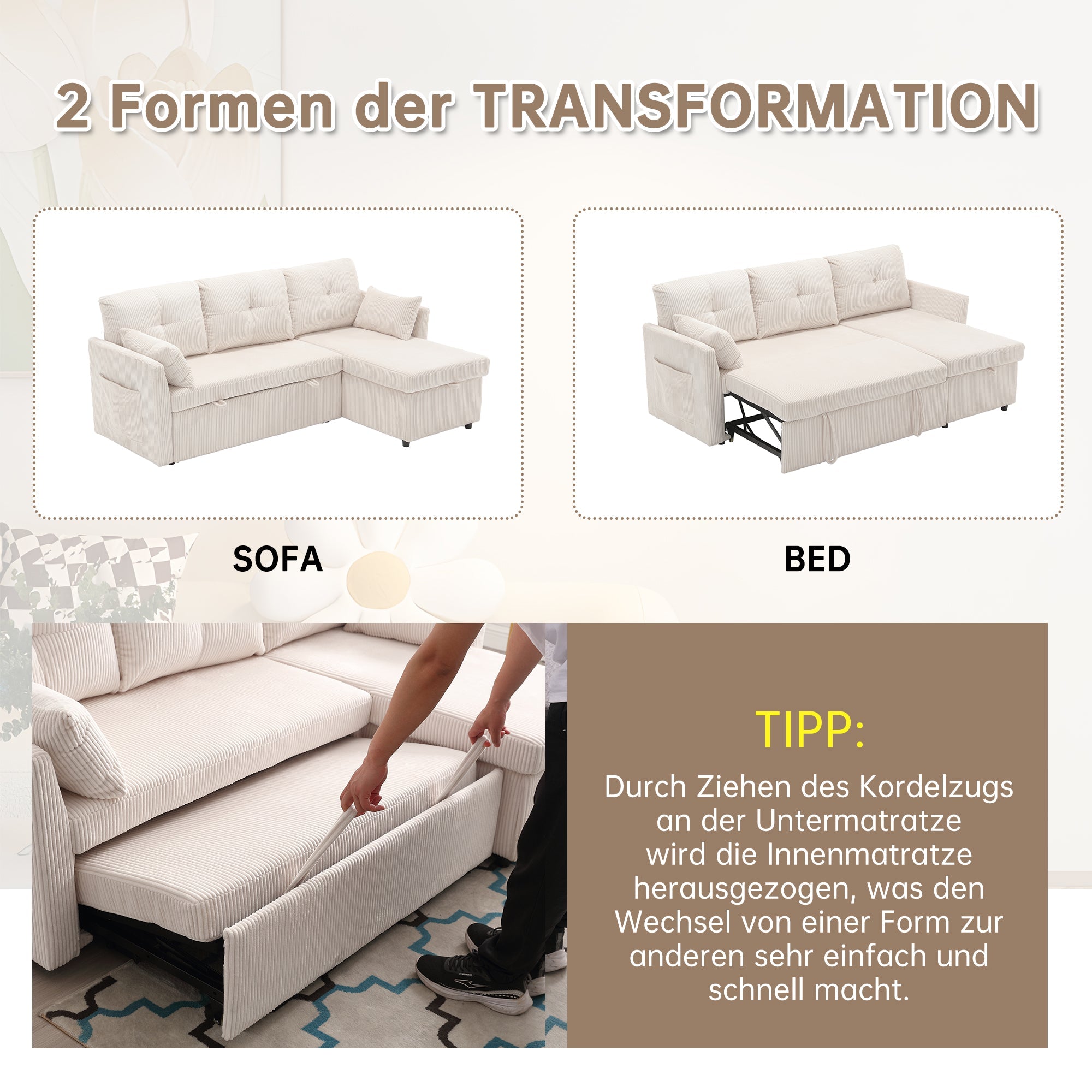Logidon sofa bed with storage space and pull-out bed beige velvet cover