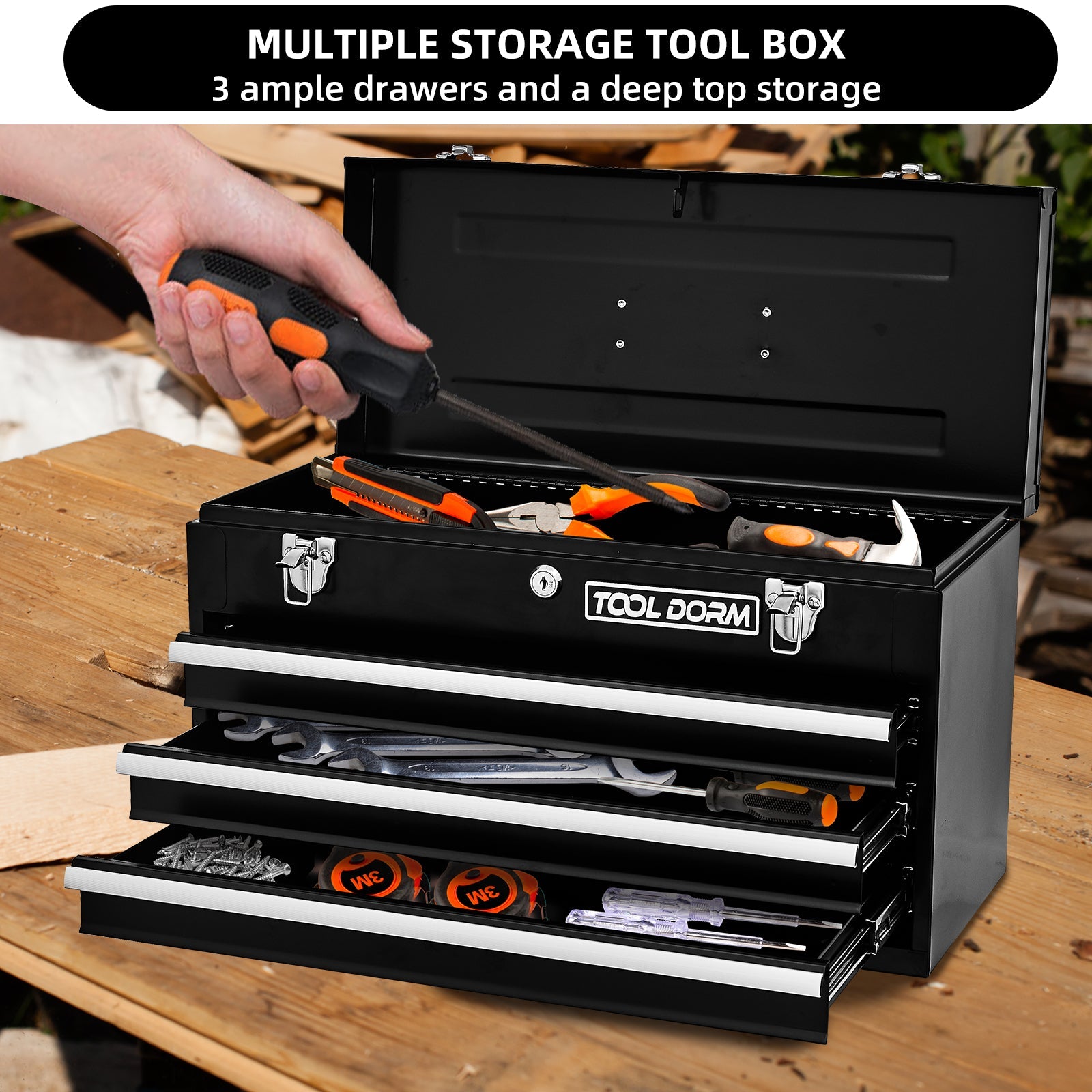 Logidon Metalen Gereedschapskist met 3 Laden 20,3 Inch Zwart Draagbaar
