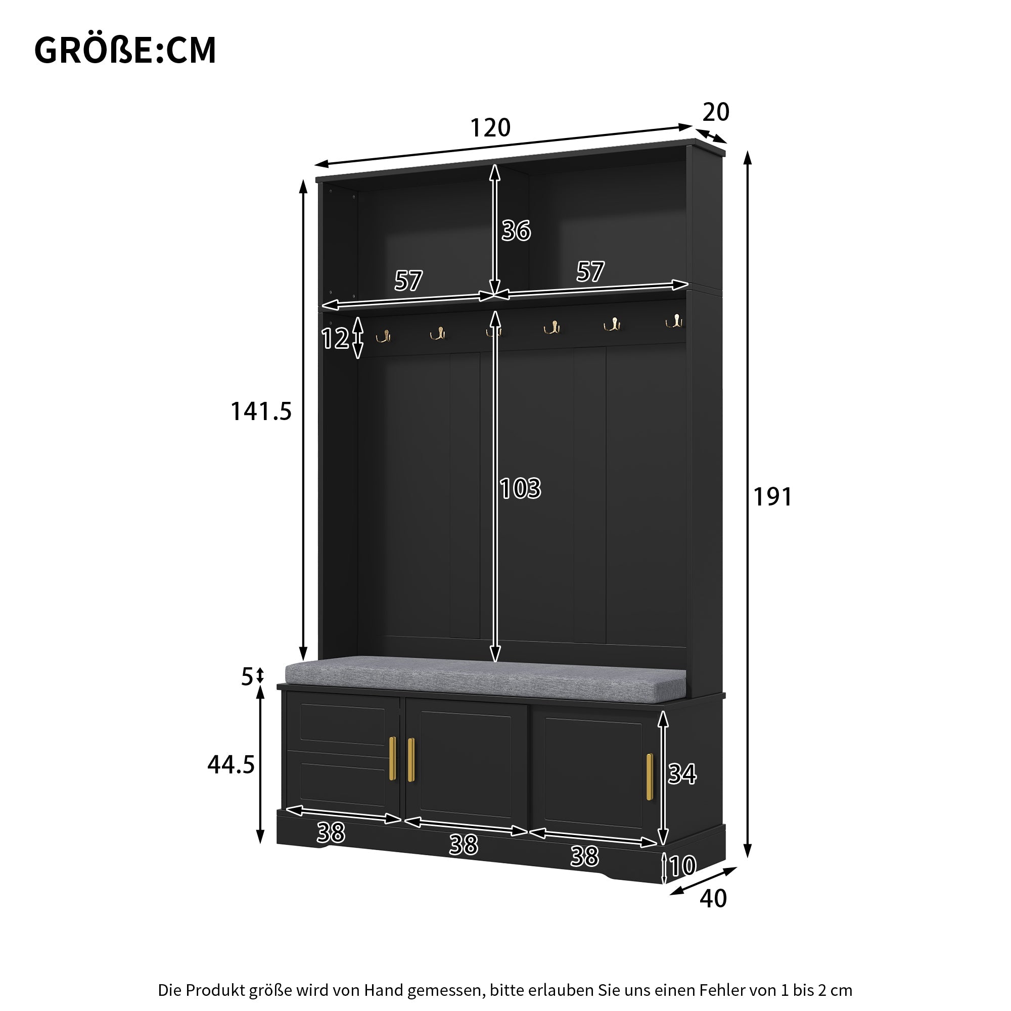 Logidon kapstok schoenenbank met 6 drievoudige haken zwart 120x40x191 cm