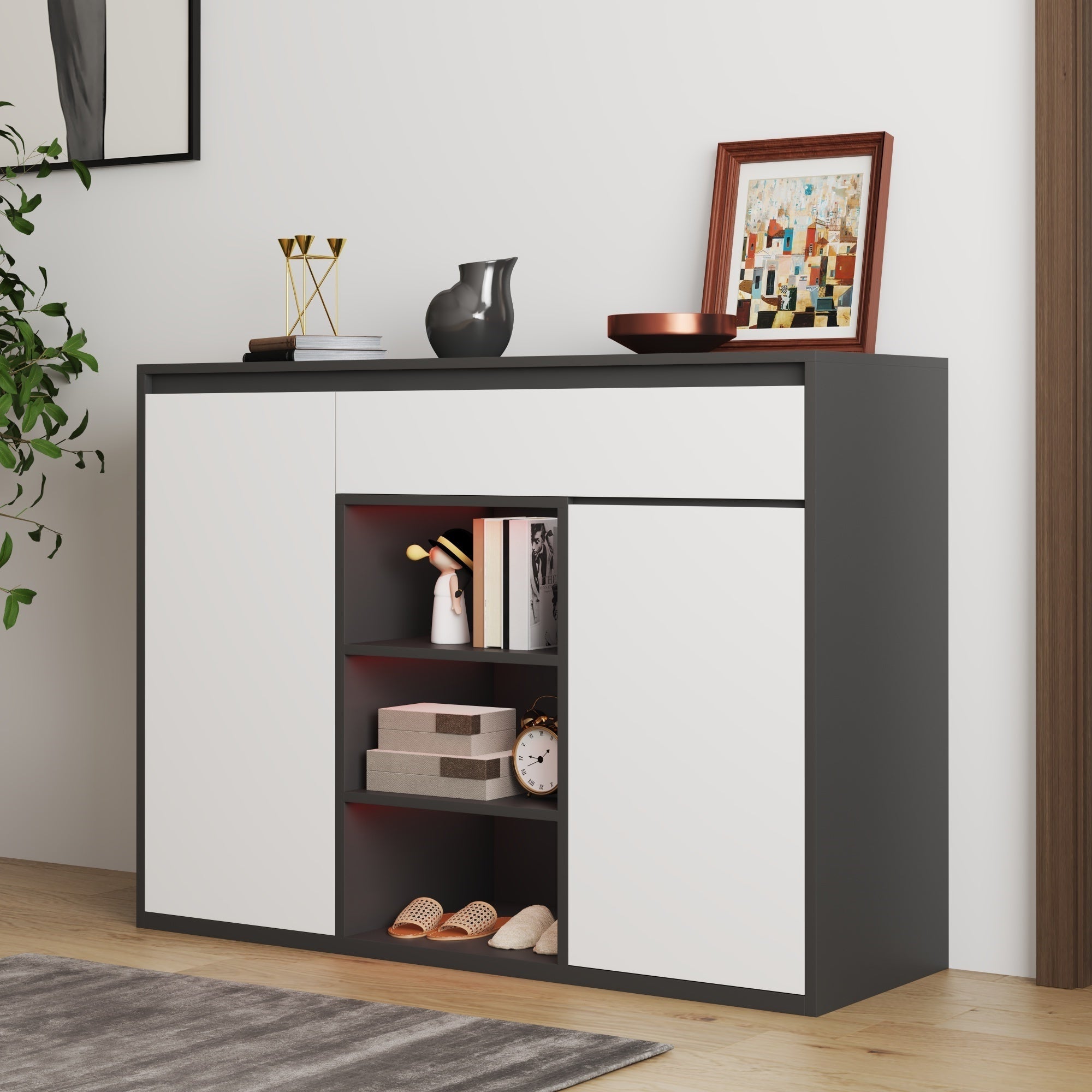 Logidon Shoe Cabinet Black White Two Doors Adjustable Shoe Rack