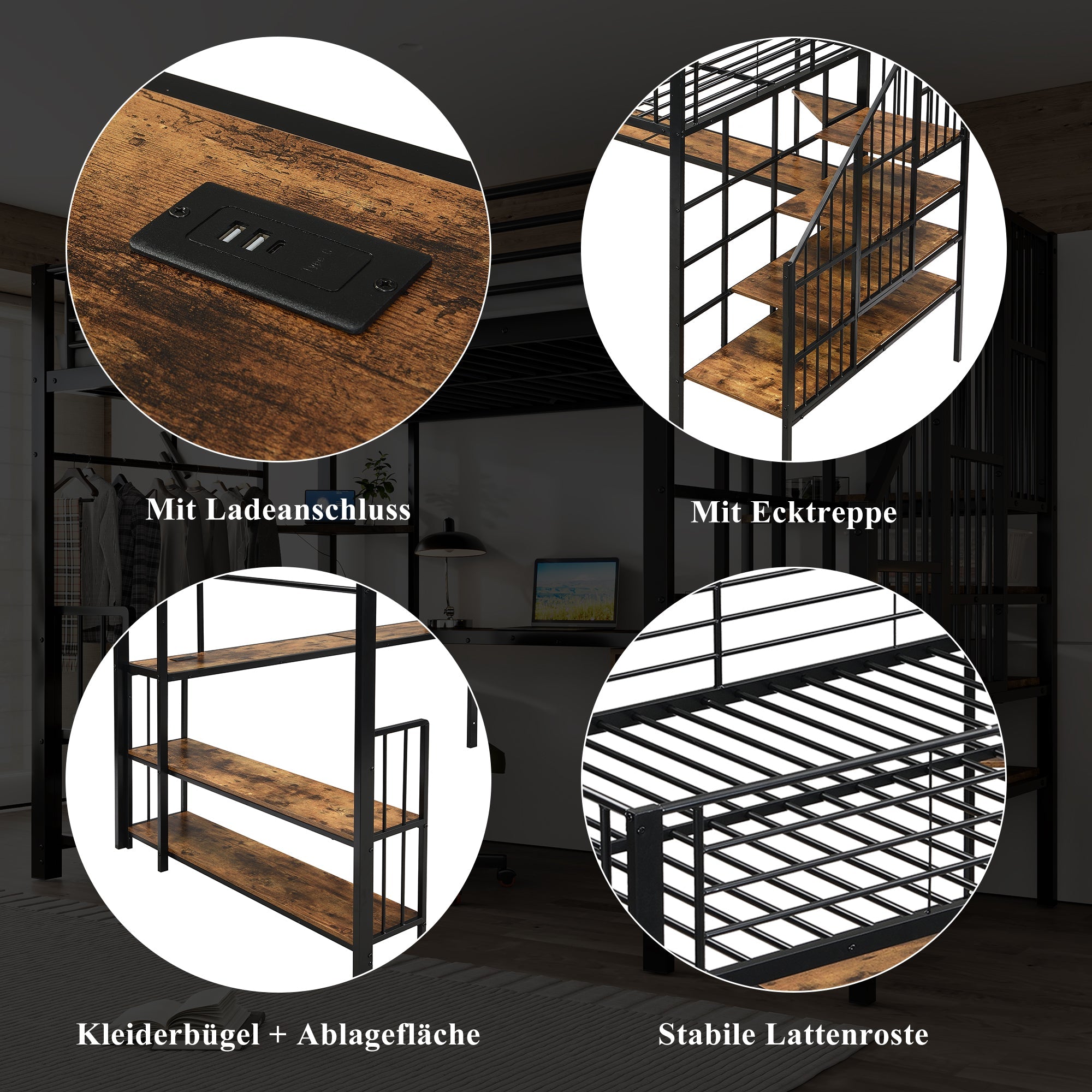 Logidon hoogslaper 120x200 zwart met ladder en oplaadpoort