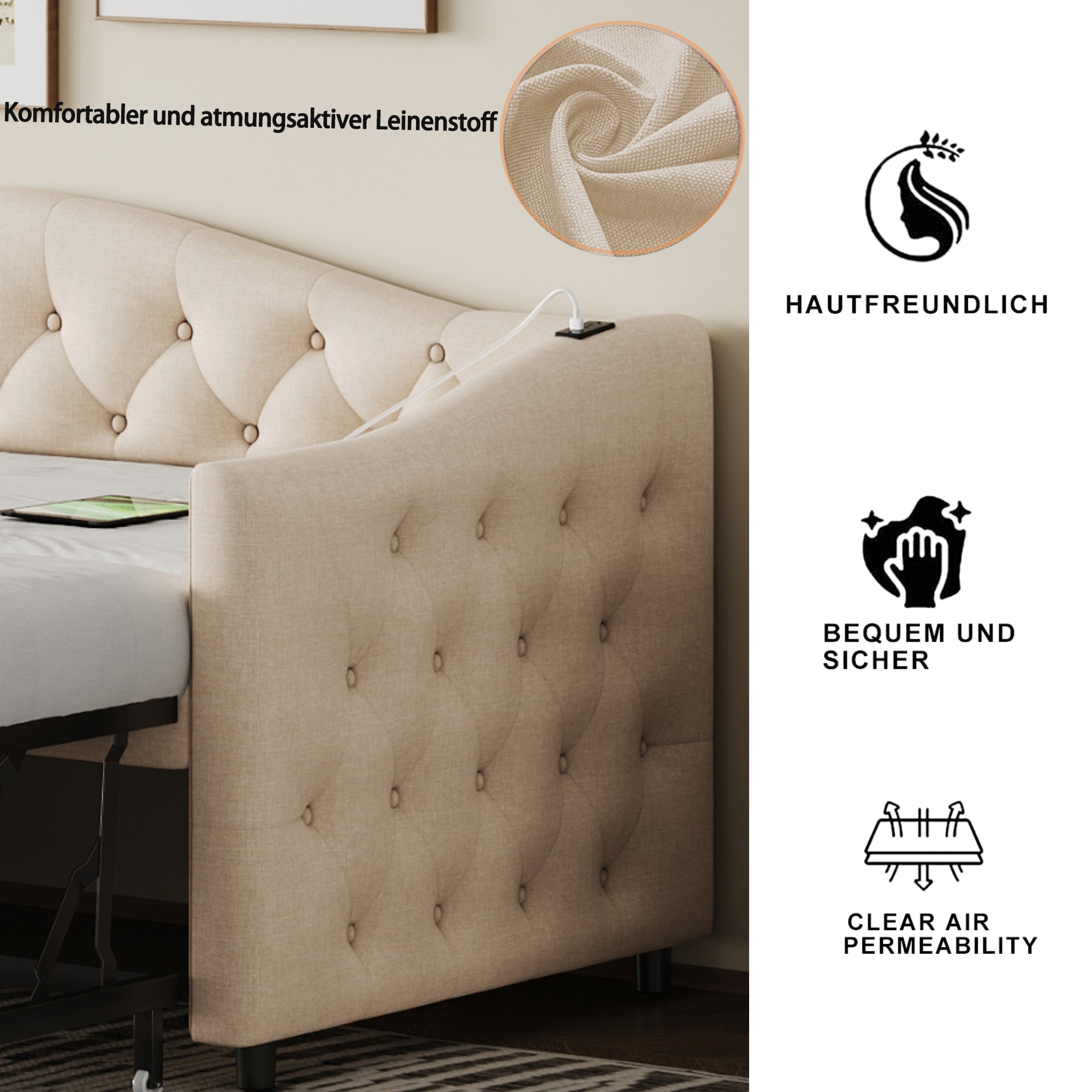 Logidon uitschuifbare slaapbank 90x200 beige met USB-poort