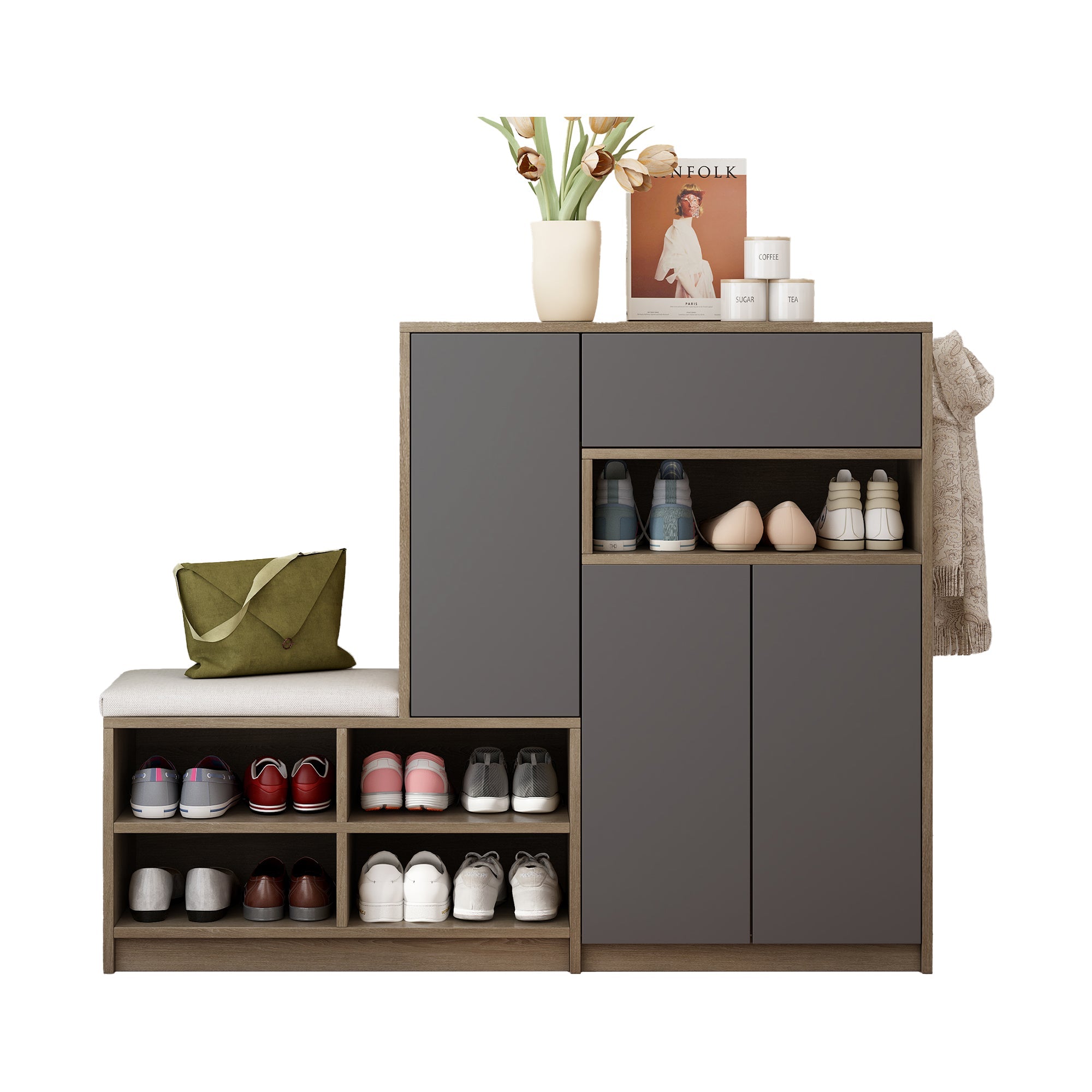 Logidon Schoenenbank Grijs Met Gewatteerde Zitting Verstelbare Planken 140x35x110 cm