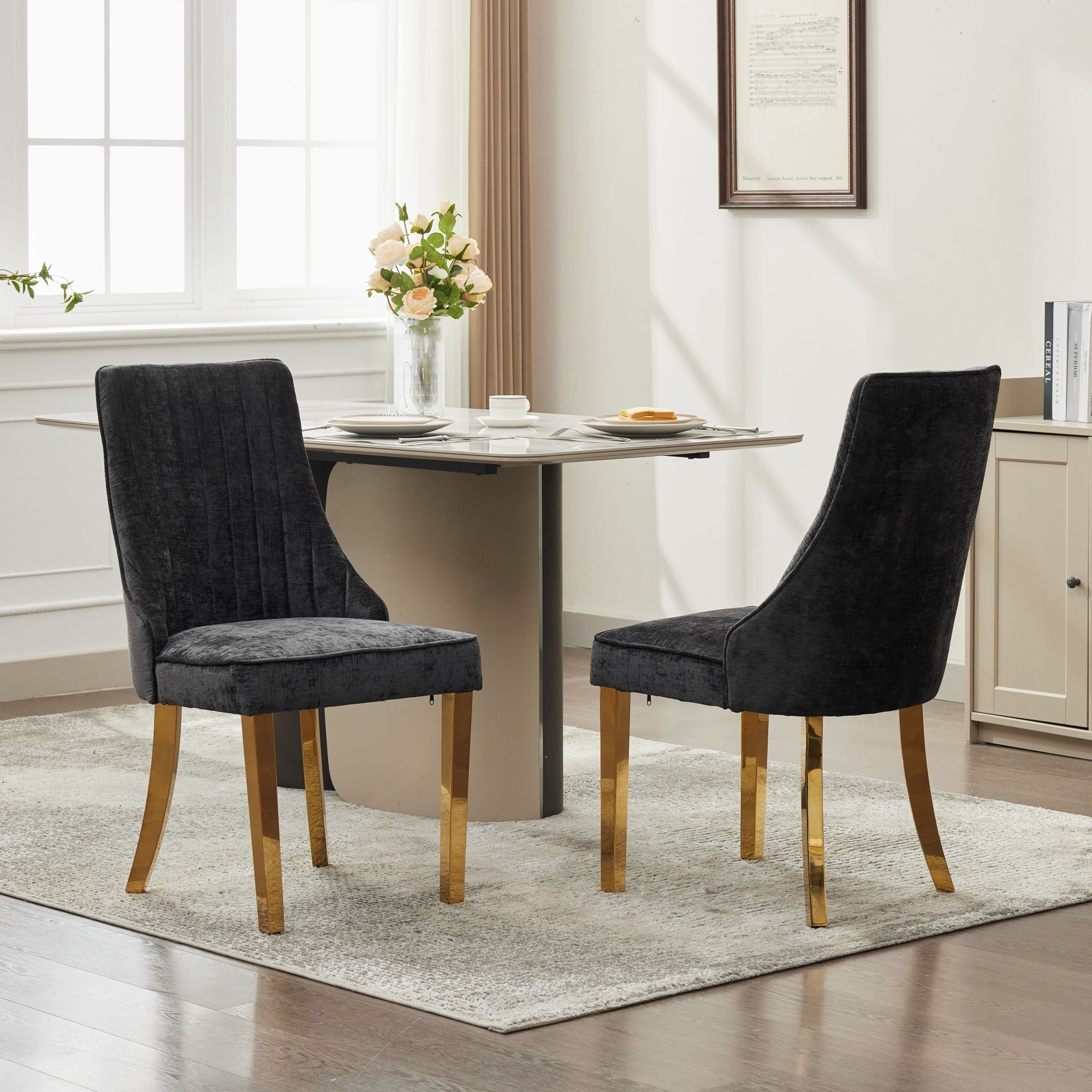 Logidon Chenille Eetstoelenset Zwart Gouden Poten Set van 2 65x50x95 cm