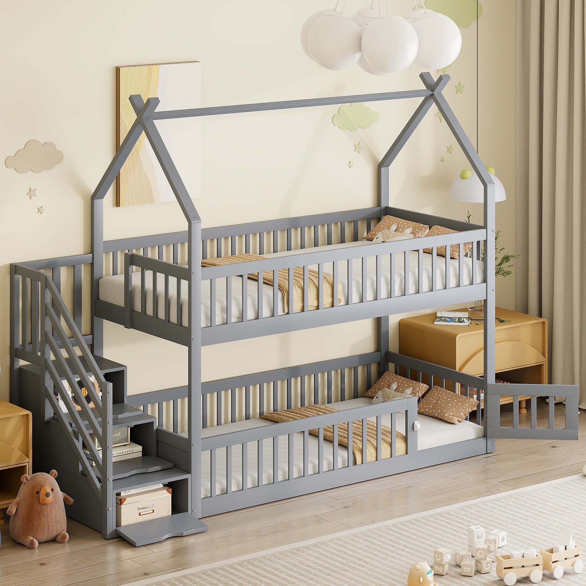 Logidon Bunk Bed 90x200 Gray With Roof Safety Stairs Storage Space