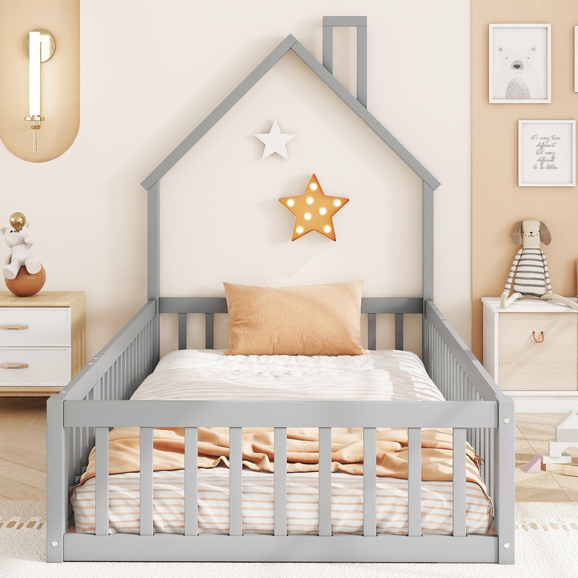 Logidon upholstered bed 90x200 chimney shape gray pine wood