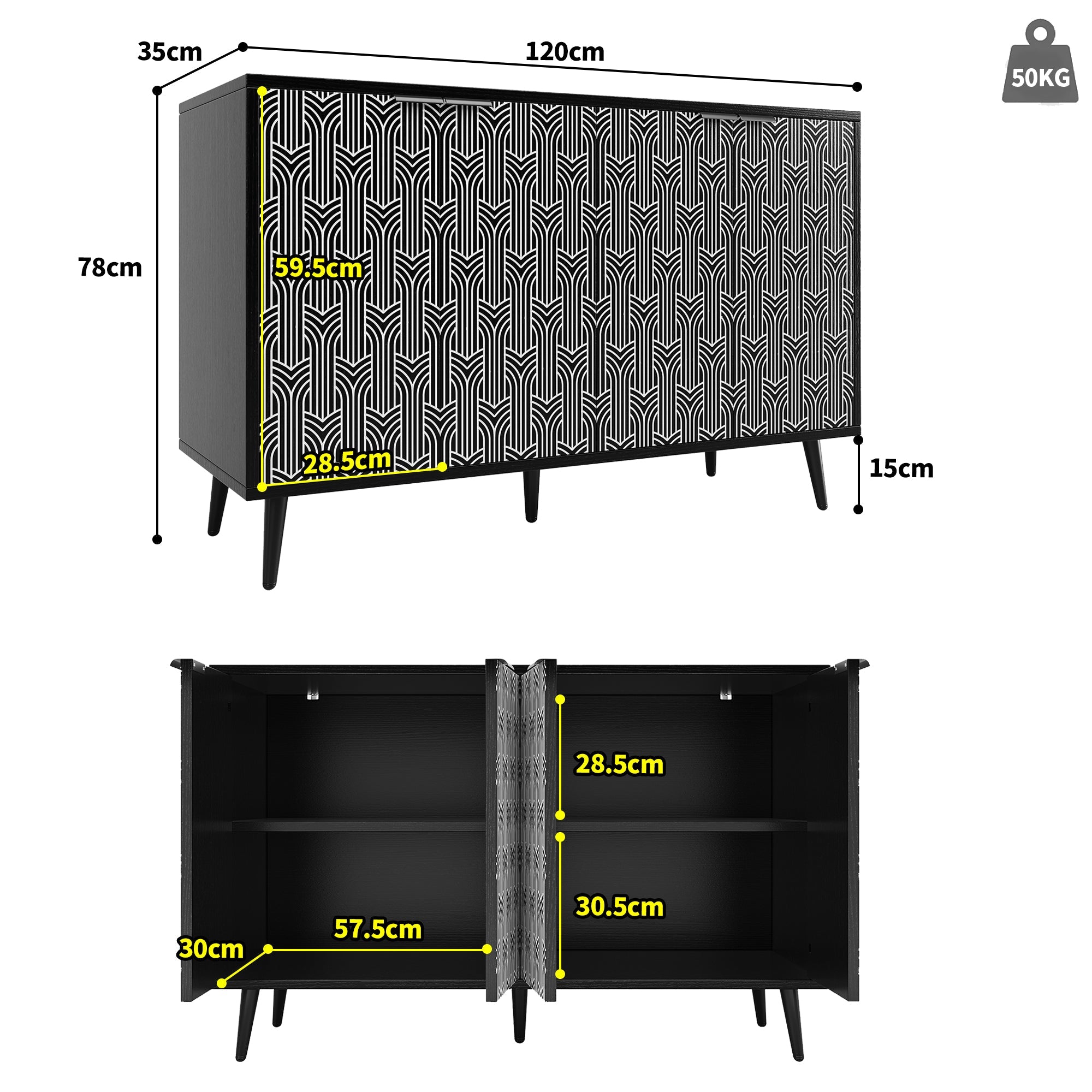Logidon eetkamerkast 120x35x78 cm zwart met visgraatmotief