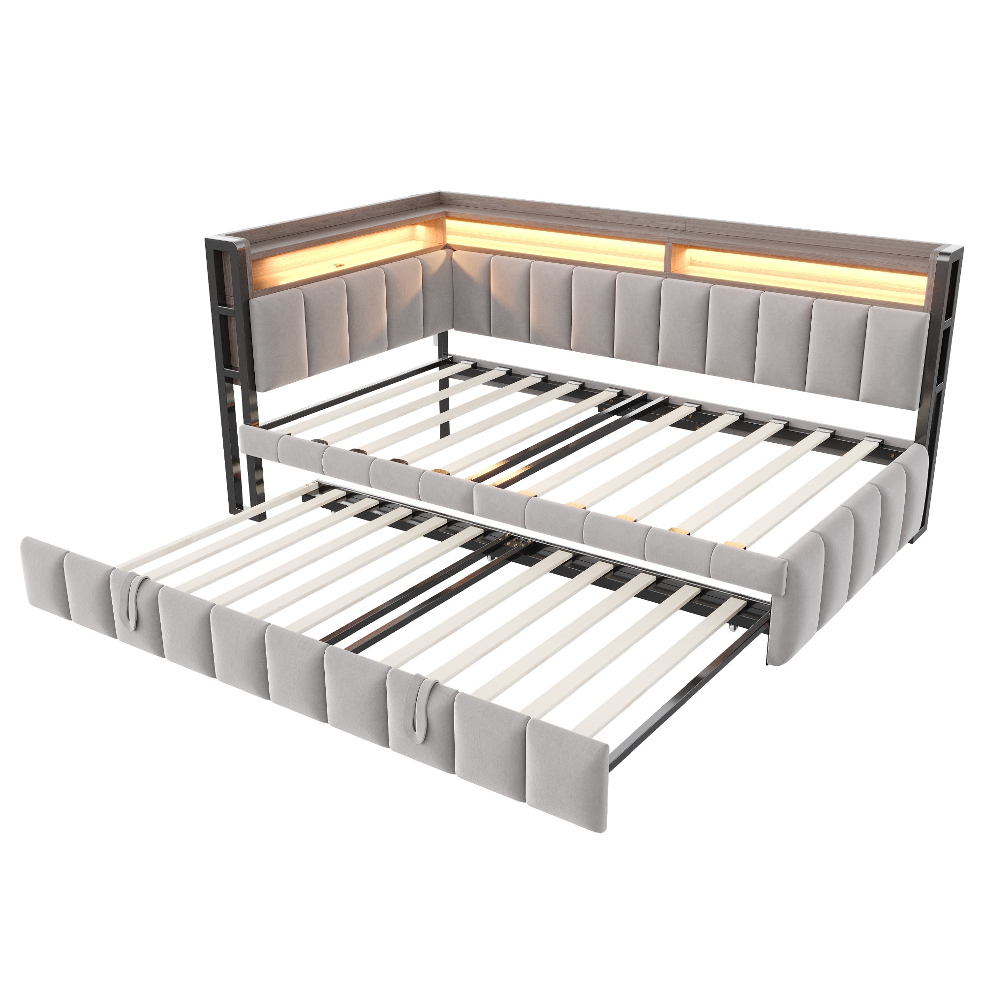 Logidon slaapbank gestoffeerd bed 90x200cm lichtgrijs uitschuifbaar LED USB
