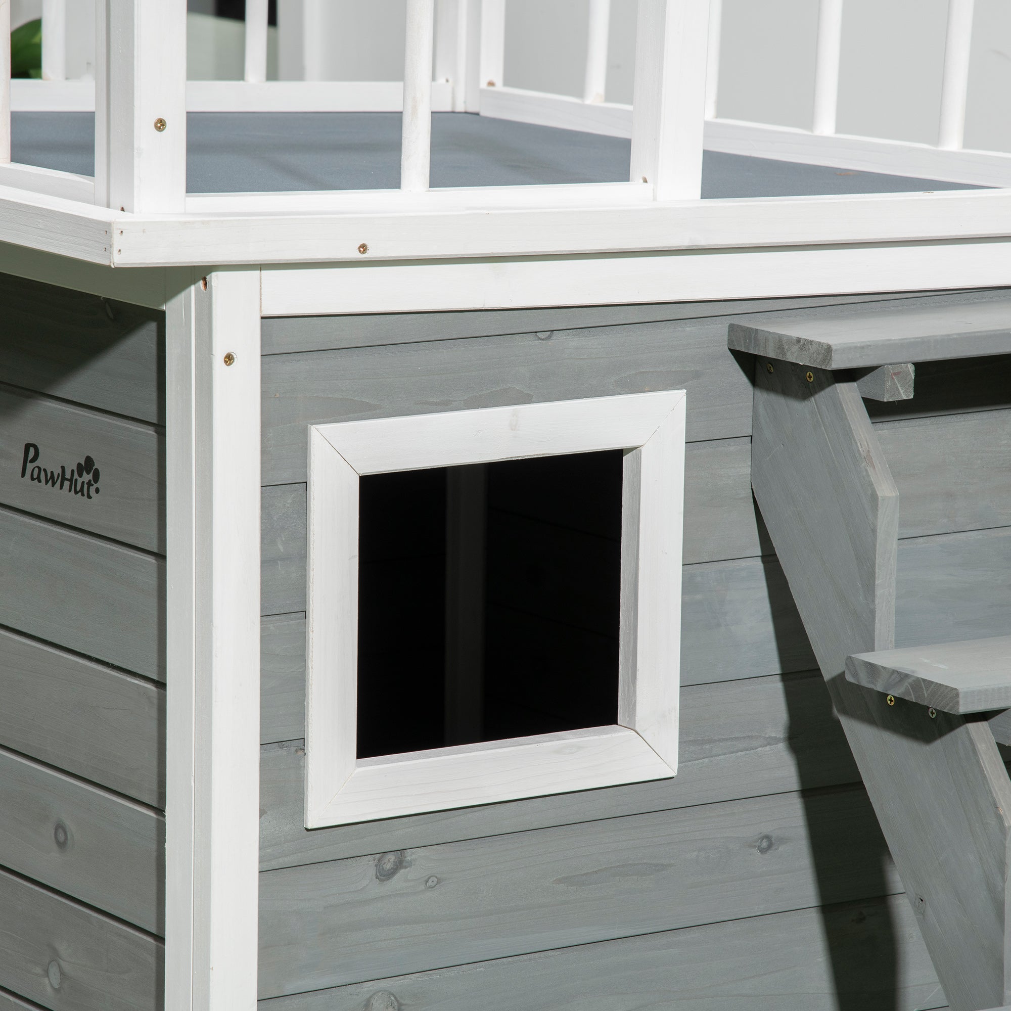 Logidon Hondenkennel PawHut Met Balkontrap Verhoogd Houten Huis Lichtgrijs