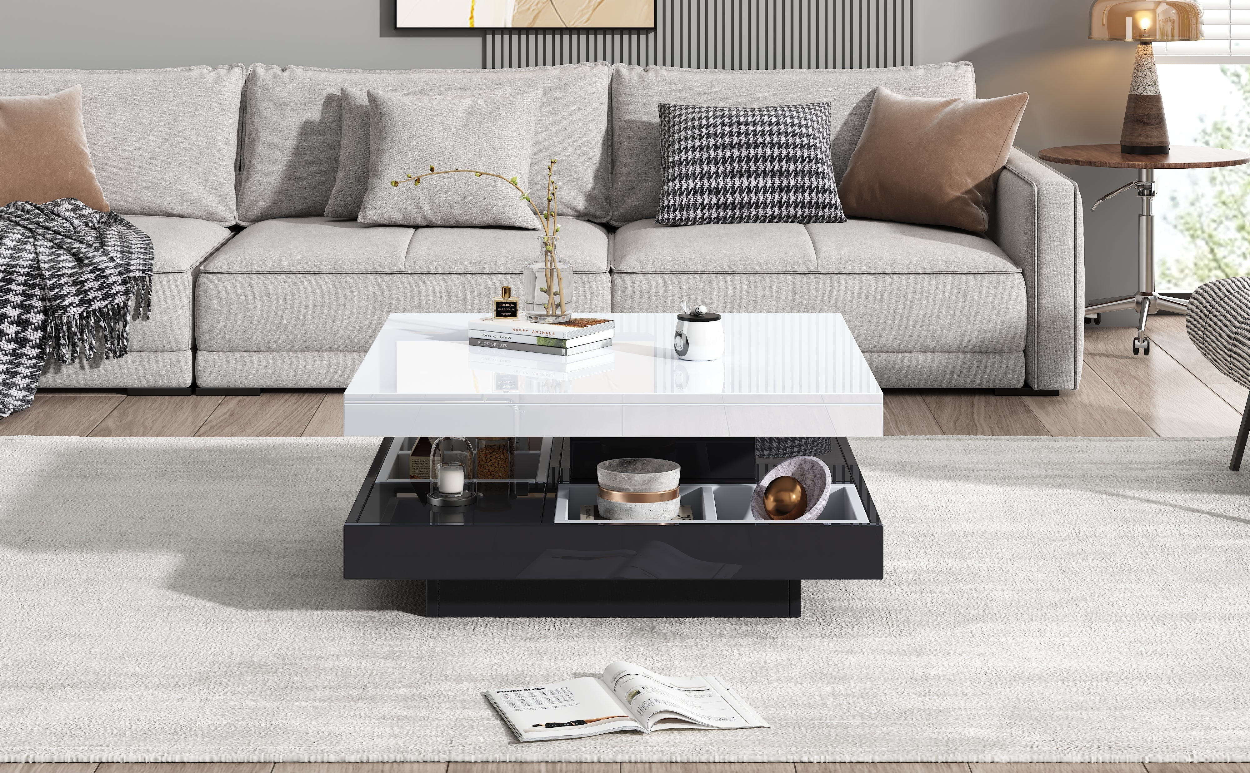 Logidon Draaibare Salontafel Wit Blad Zwart Onderstel 70x70x36