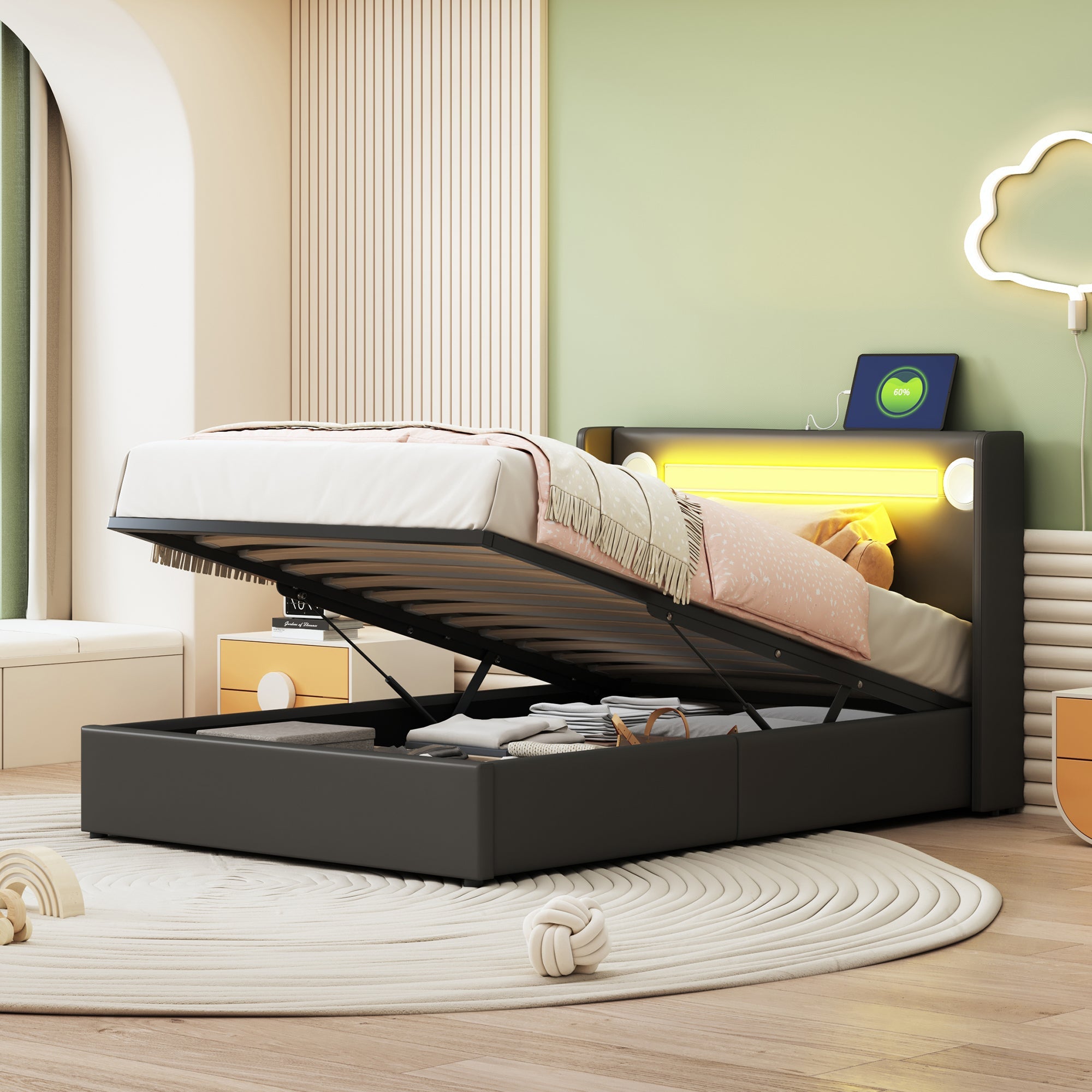 Logidon gestoffeerd bed 90x200 met LED lichtstrip Bluetooth USB zwart