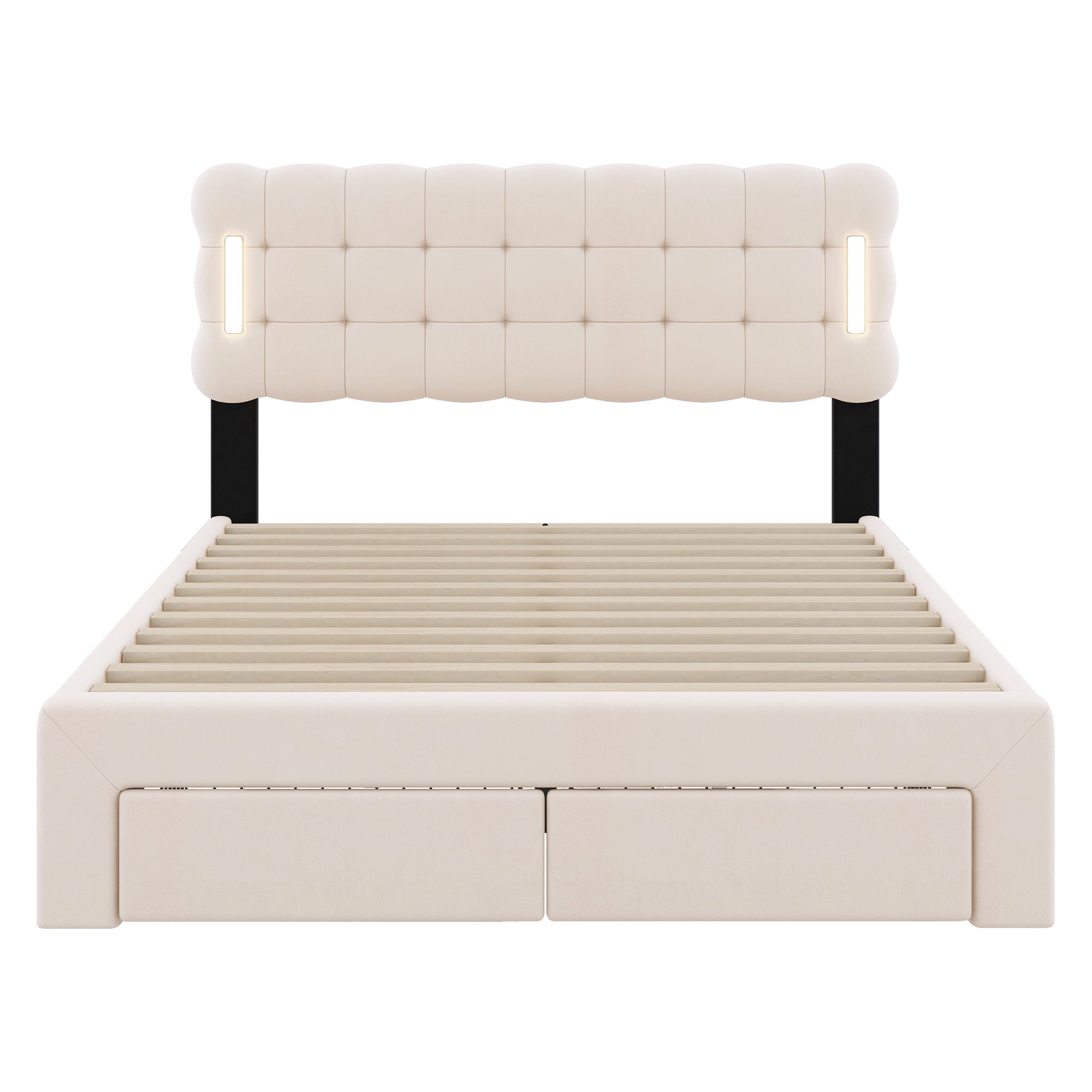 Logidon Flat Bed 140x200 Beige Velvet With Lighting And 4 Drawers