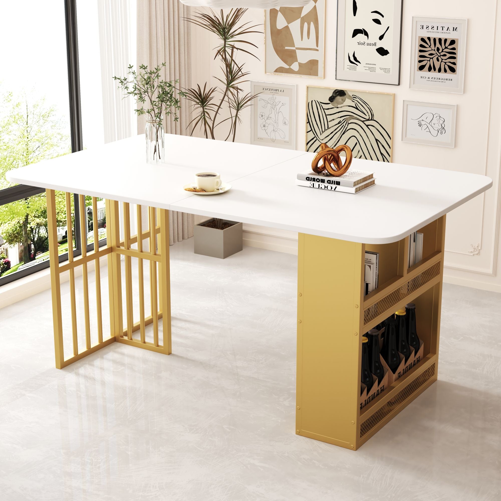 Logidon eetkamertafel 160x80 wit met opbergruimte goud frame