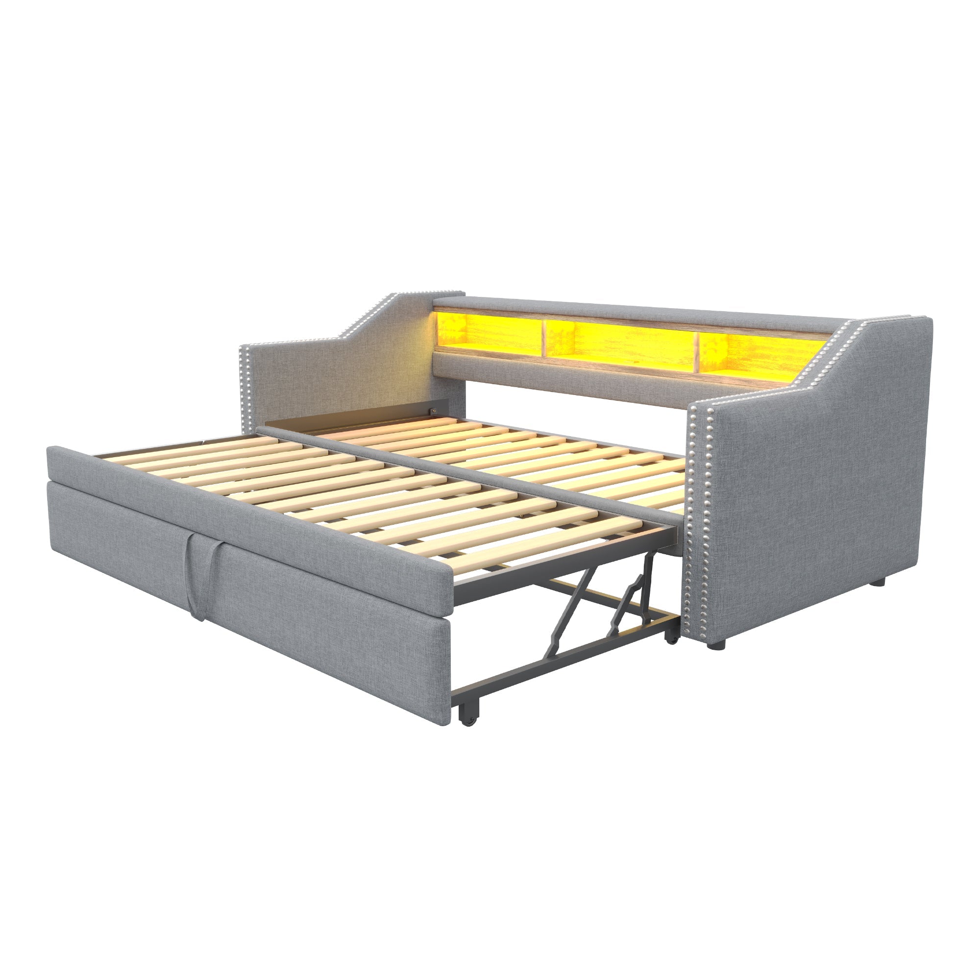 Logidon upholstered bed pull-out sofa bed 90/180 x 190 cm light gray storage compartment