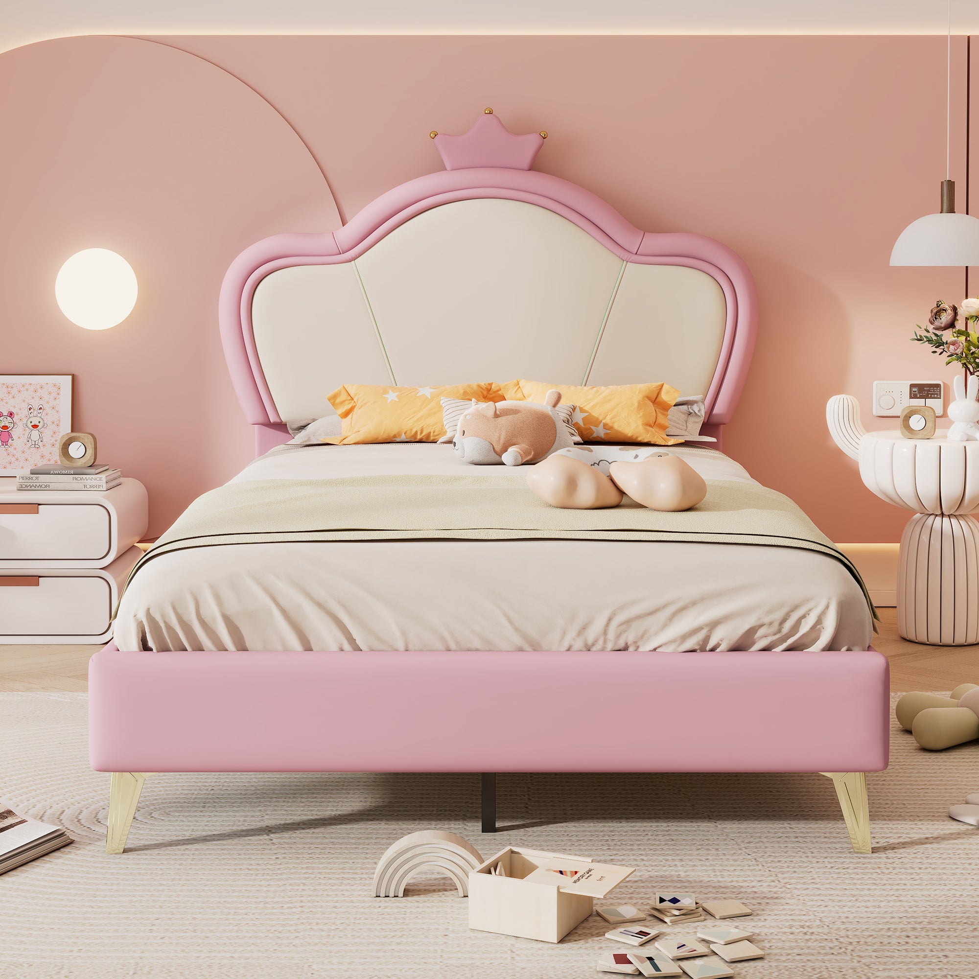 Logidon gestoffeerd bed kinderbed 90x200cm roze wit met kroonhoofdbord