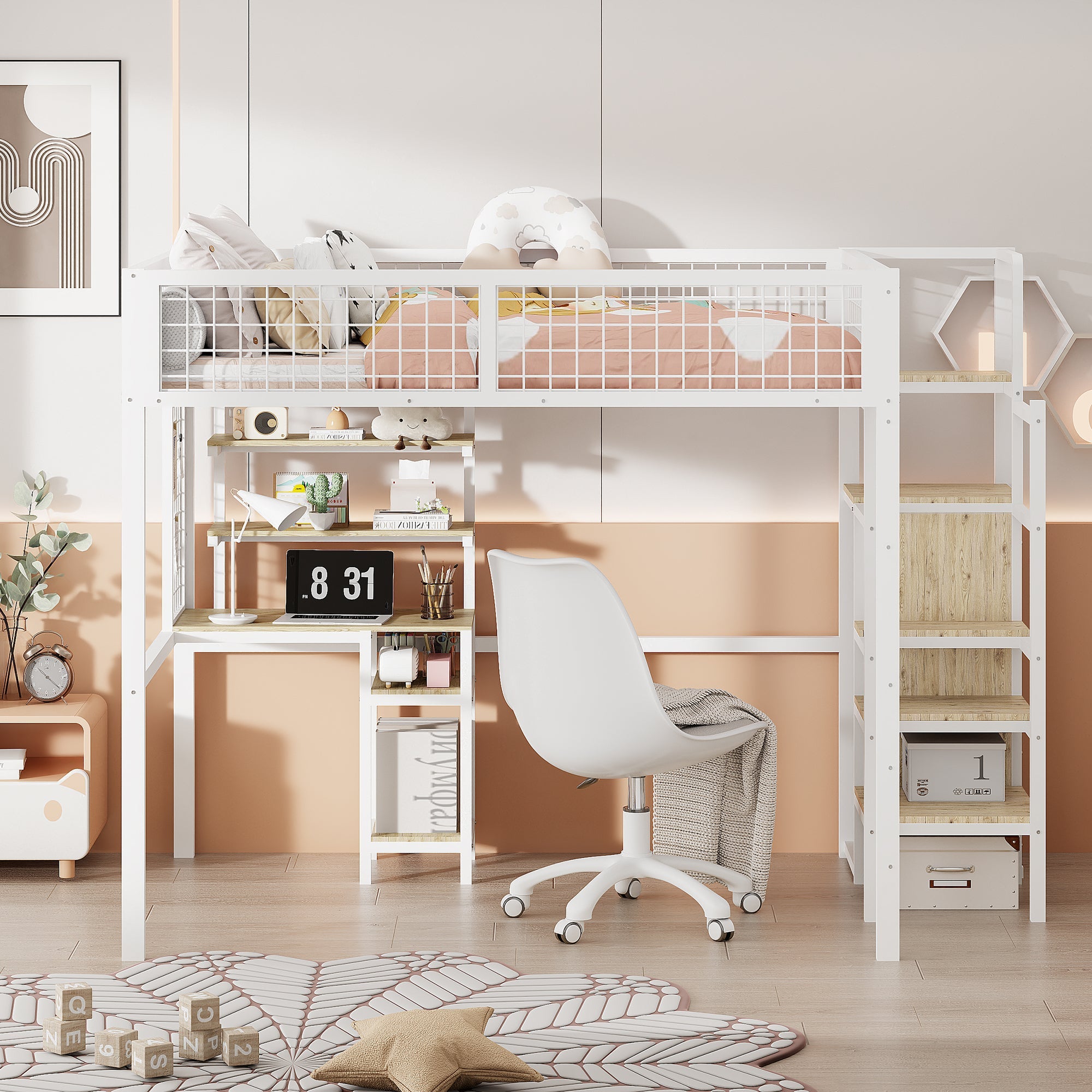 Logidon hoogslaper 140x200 met veiligheidsladder en computertafel wit