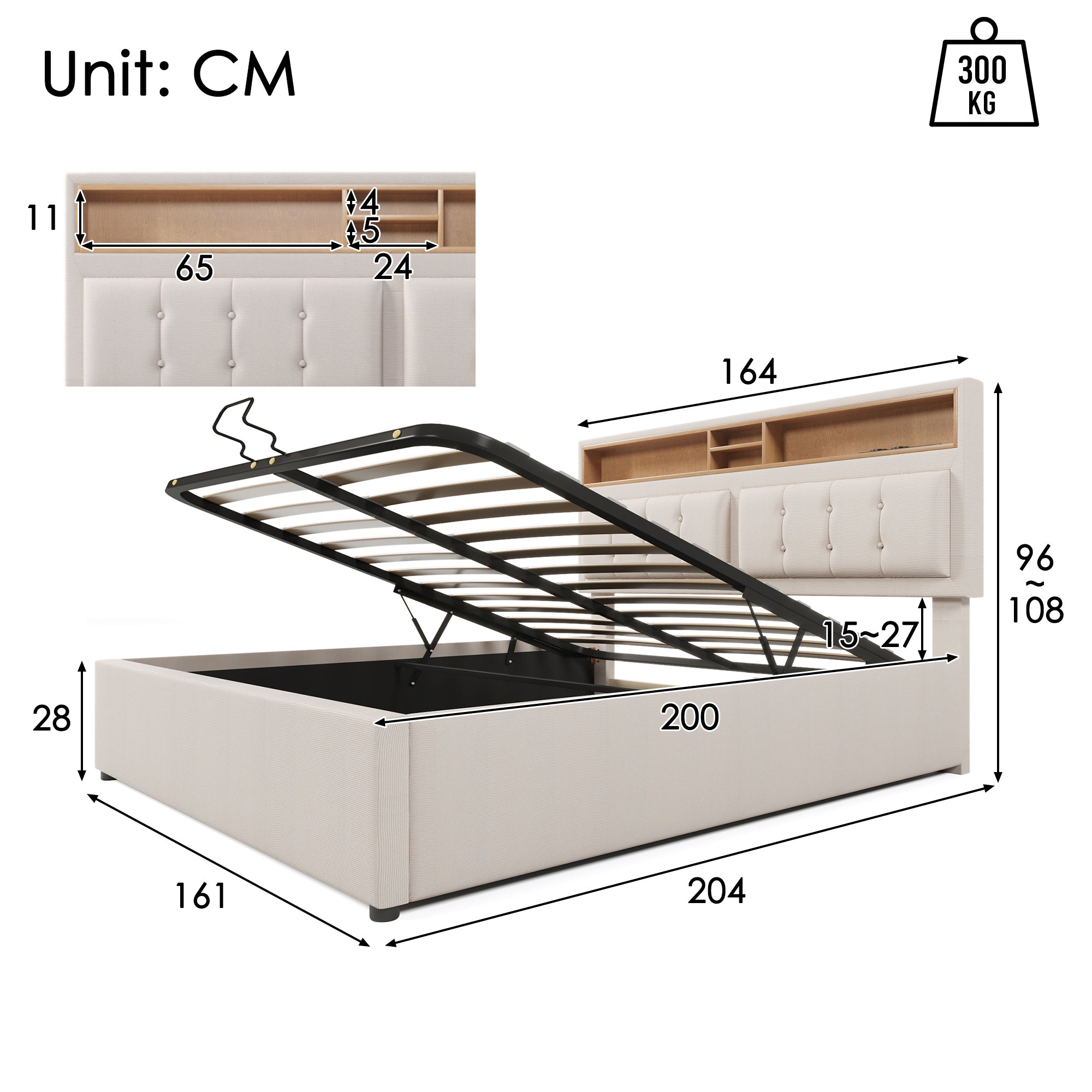 Logidon gestoffeerd bed 160x200 beige hoofdbord USB C oplaadfunctie opbergruimte