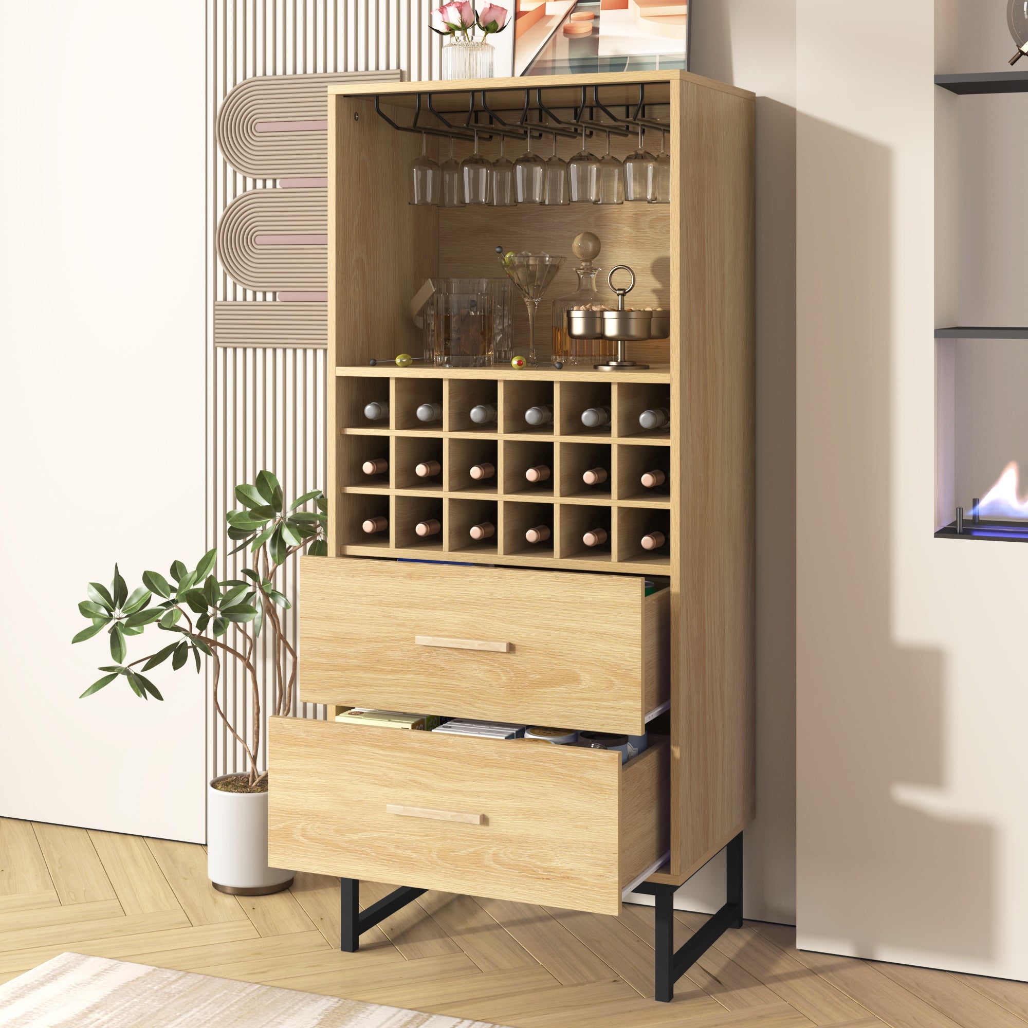 Logidon wijnkast dressoir houtlook 60x39,5x141 cm 18 vakken