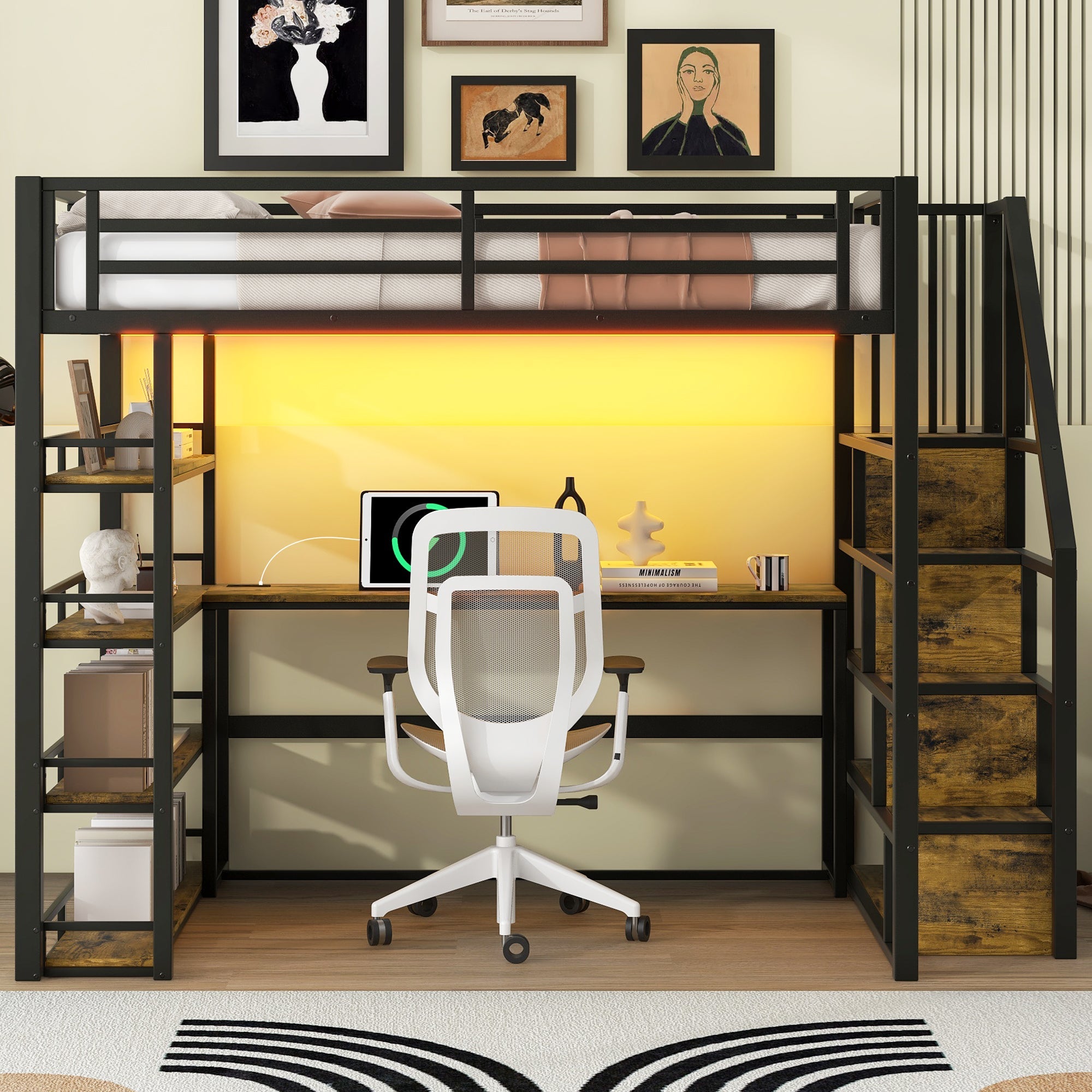 Logidon hoogslaper van metaal, 140x200, met trap en bureau, zwart