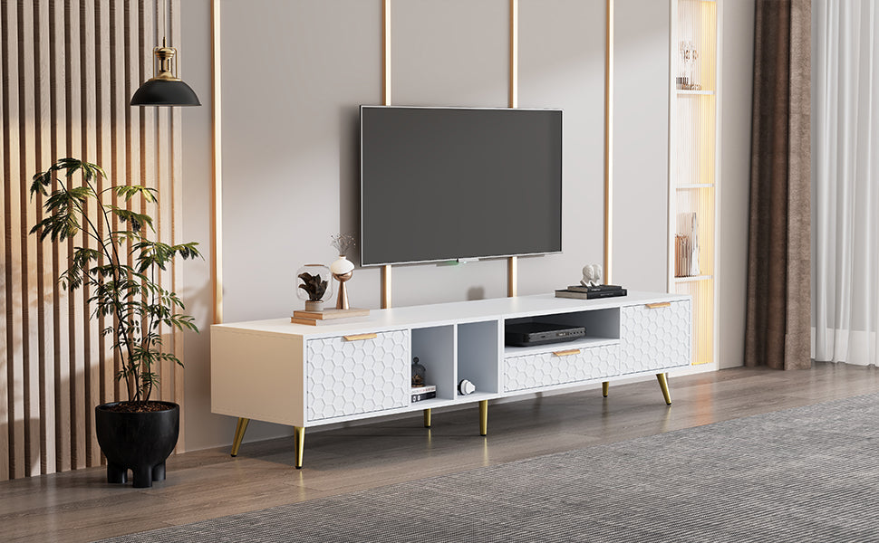 Logidon White TV Stand with Honeycomb Pattern and Storage Space for up to 80 Inches