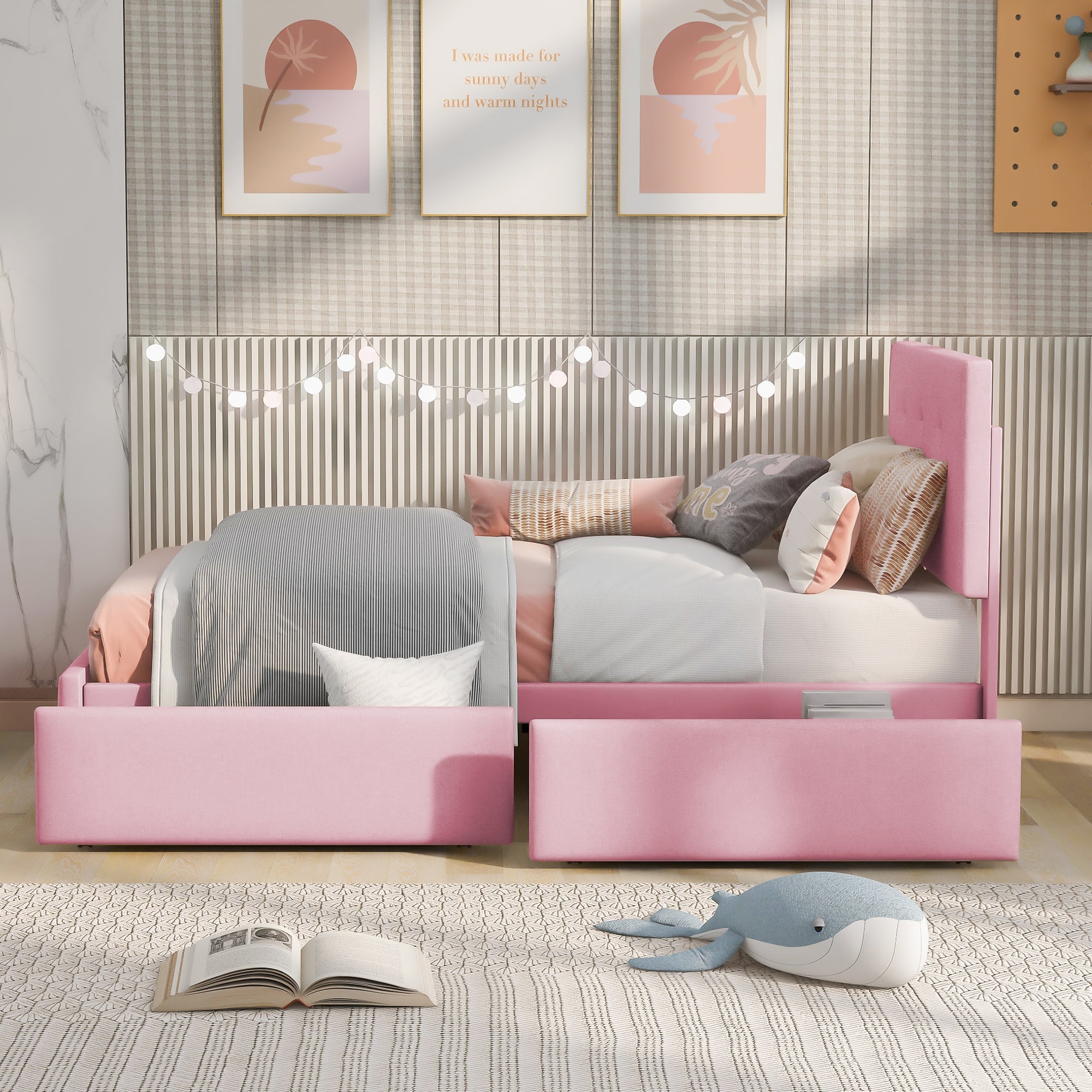 Logidon gestoffeerd bed 90x200 roze fluweel met lattenbodem twee lades