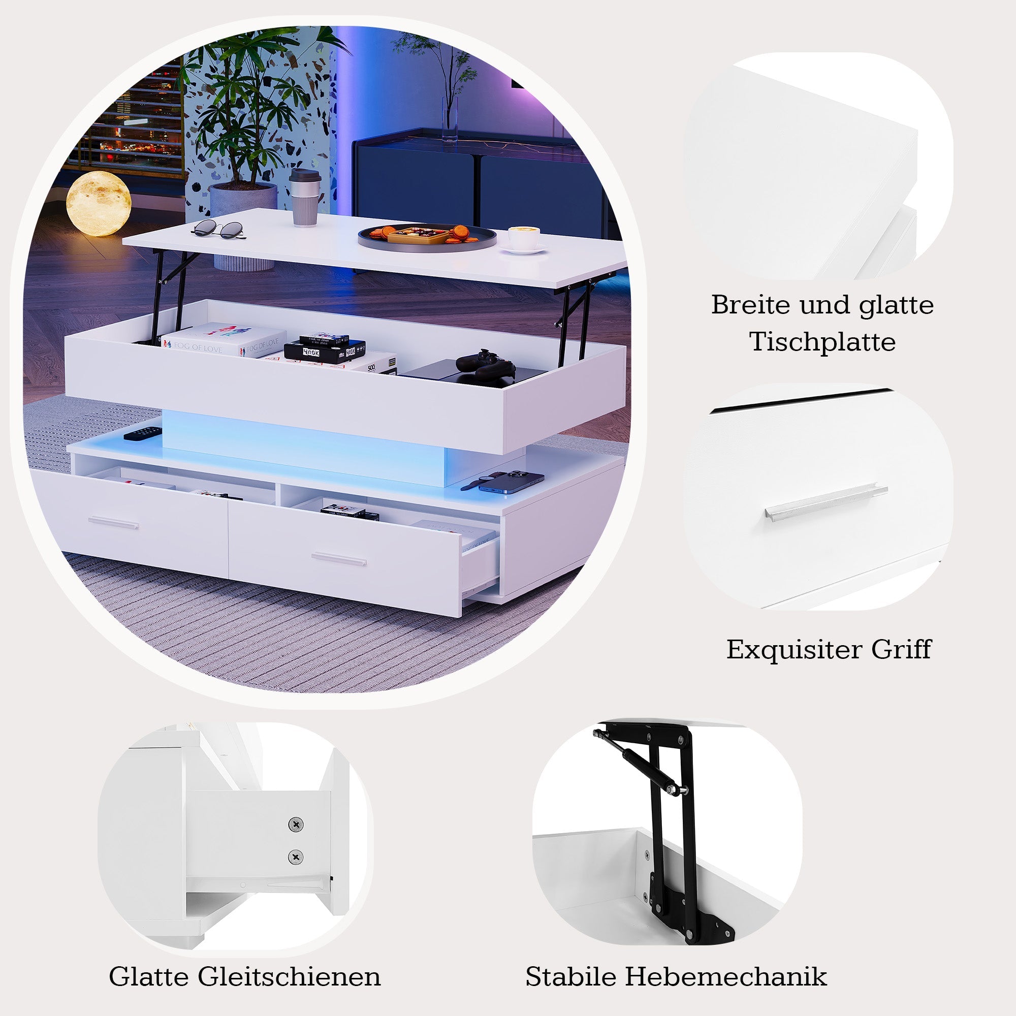 Logidon Hydraulisch in hoogte verstelbare salontafel 100x50x44 cm Wit LED