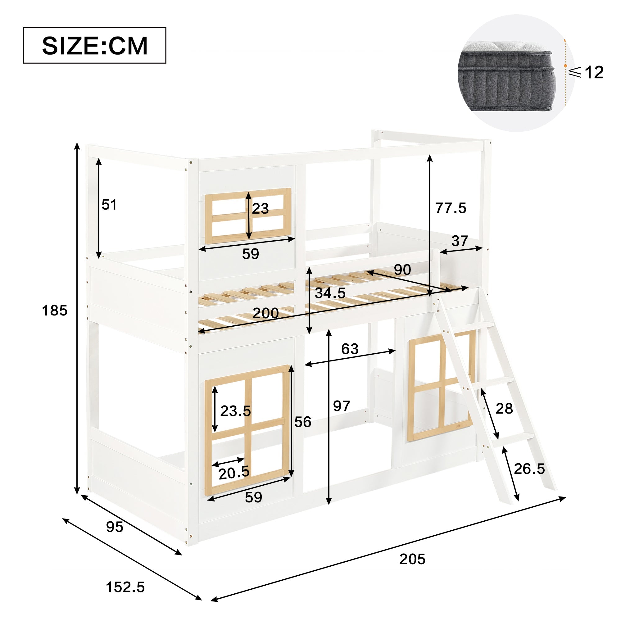 Logidon stapelbed 90x200 wit naturel met vierzijdig hekwerk