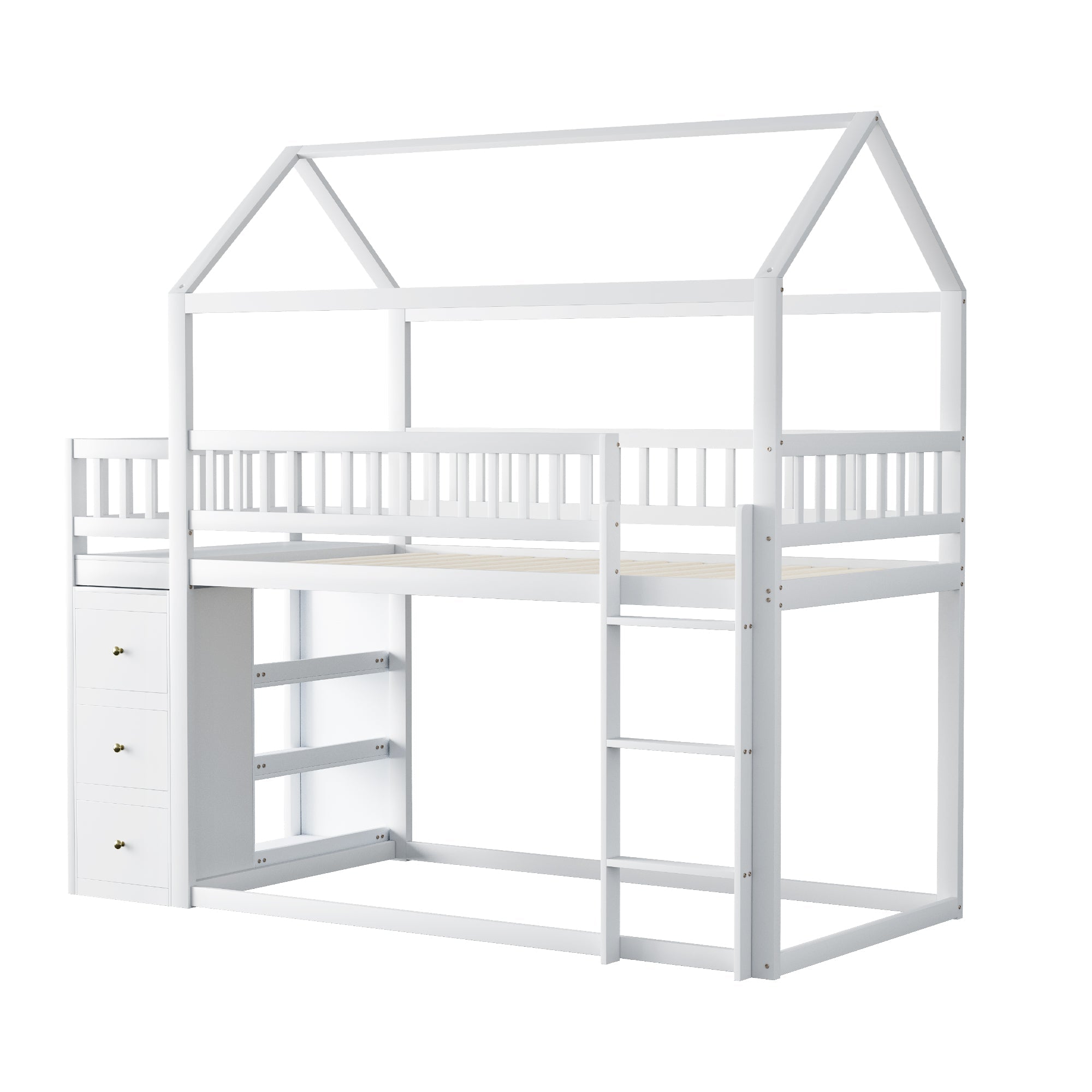 Logidon Bunk Bed 90x200 House Shape White With Security Fence Storage