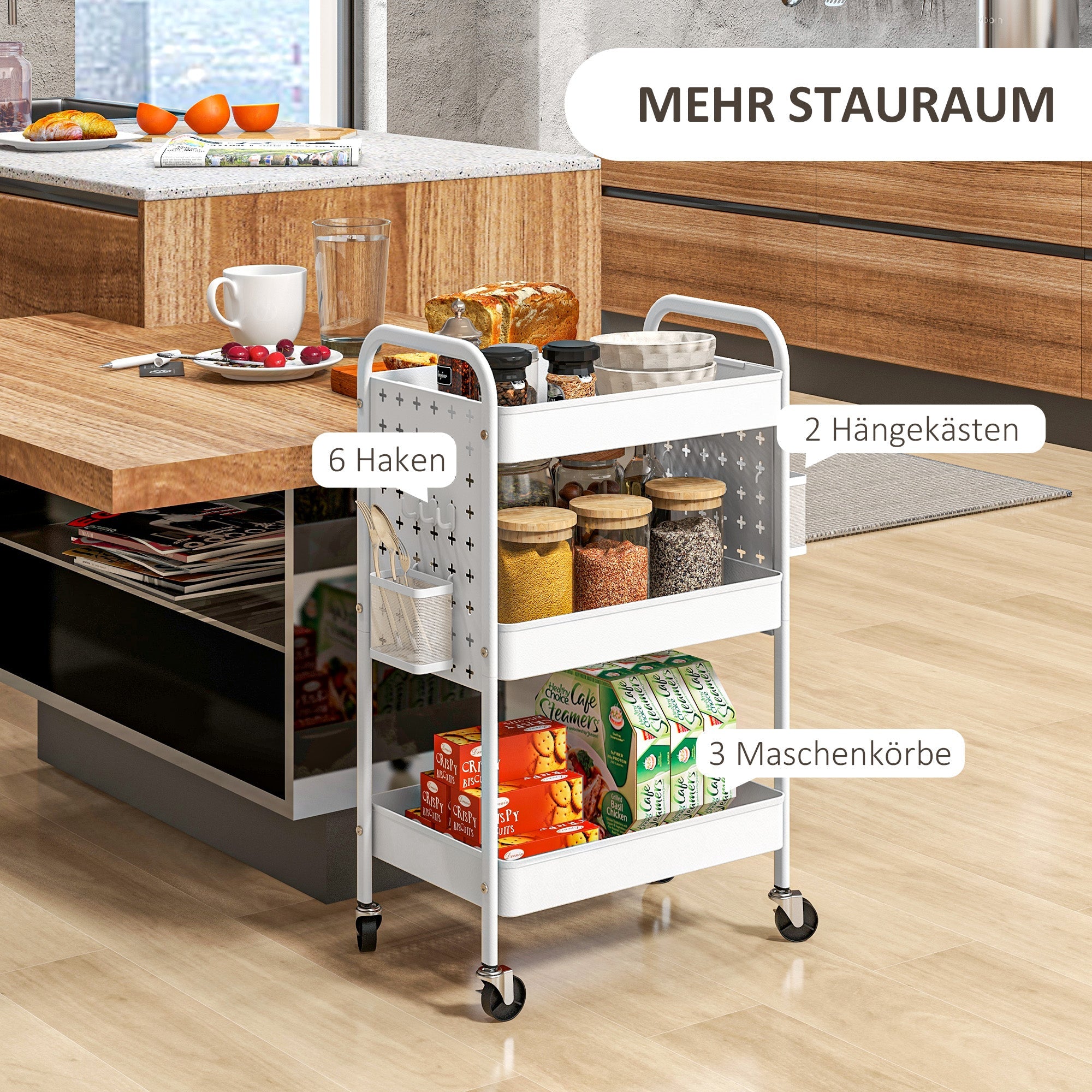 Logidon serveerwagen trolley met 3 etages en 2 hangmanden wit