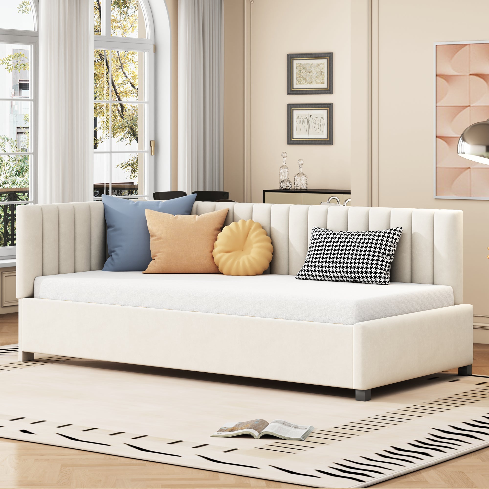 Logidon upholstered bed 90x200 multifunctional bed with slatted frame beige velvet