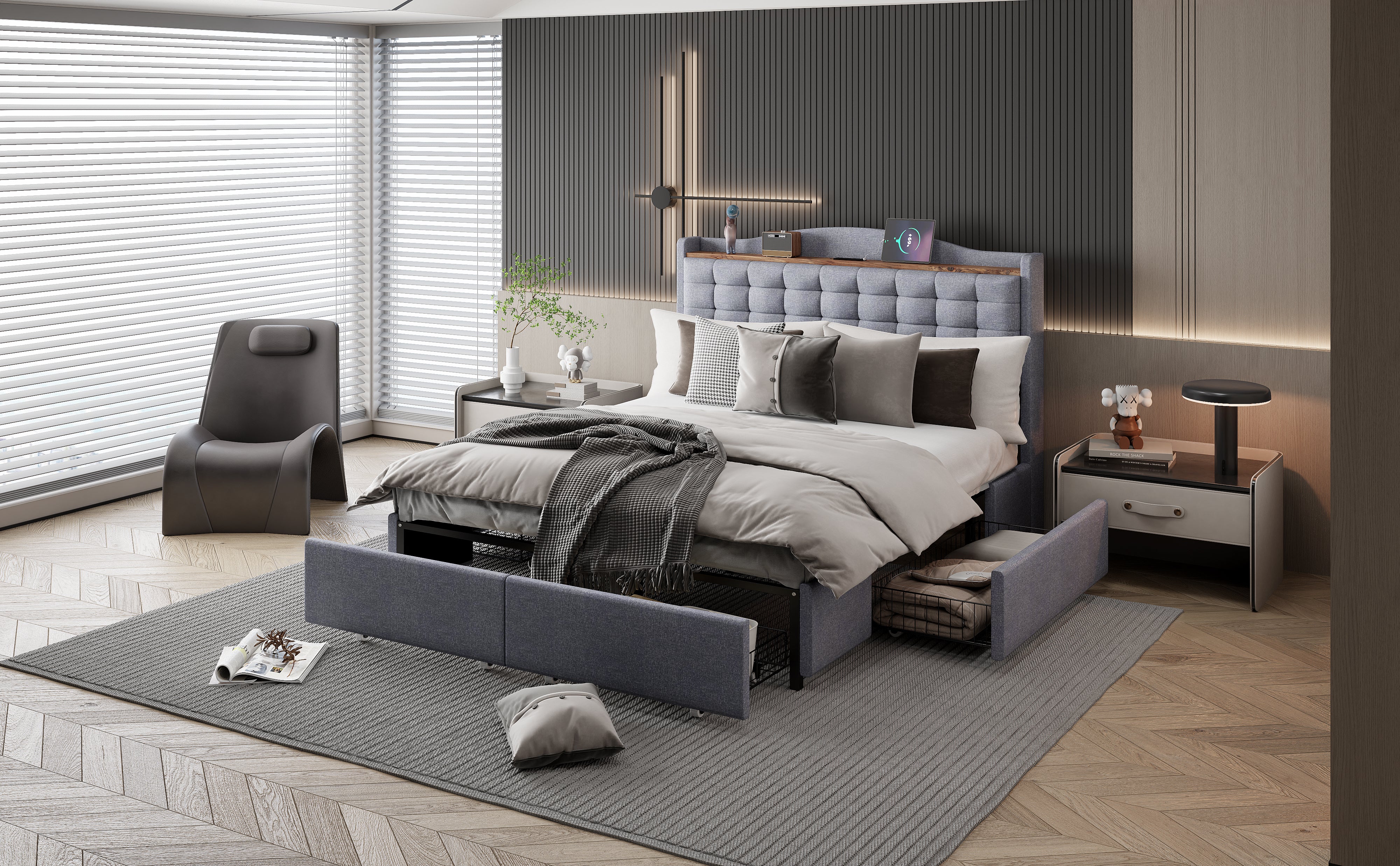 Logidon gestoffeerd bed 140x200 grijs linnen met USB-oplaadpoort