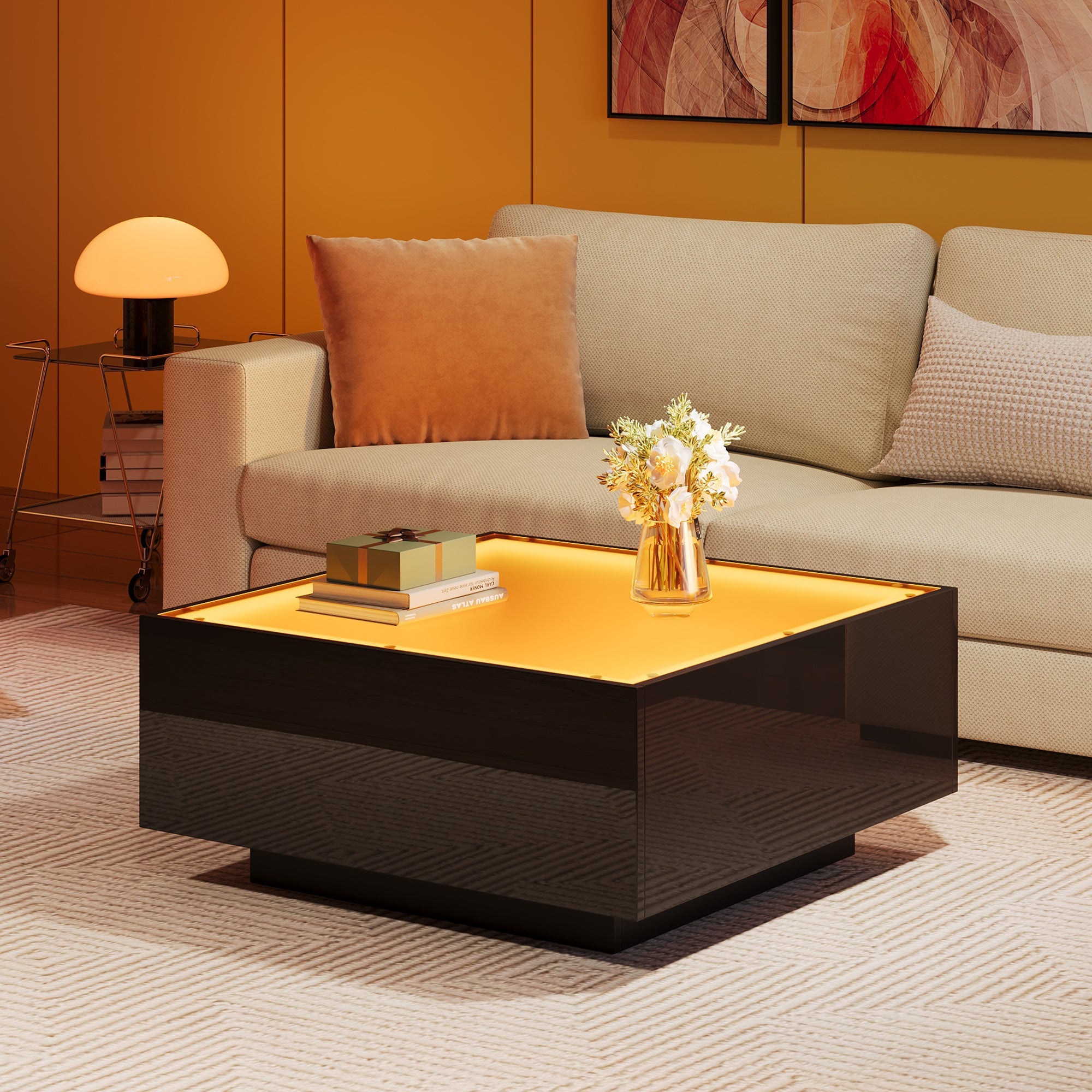 Logidon salontafel 70x70 cm glazen tafelblad LED zwart