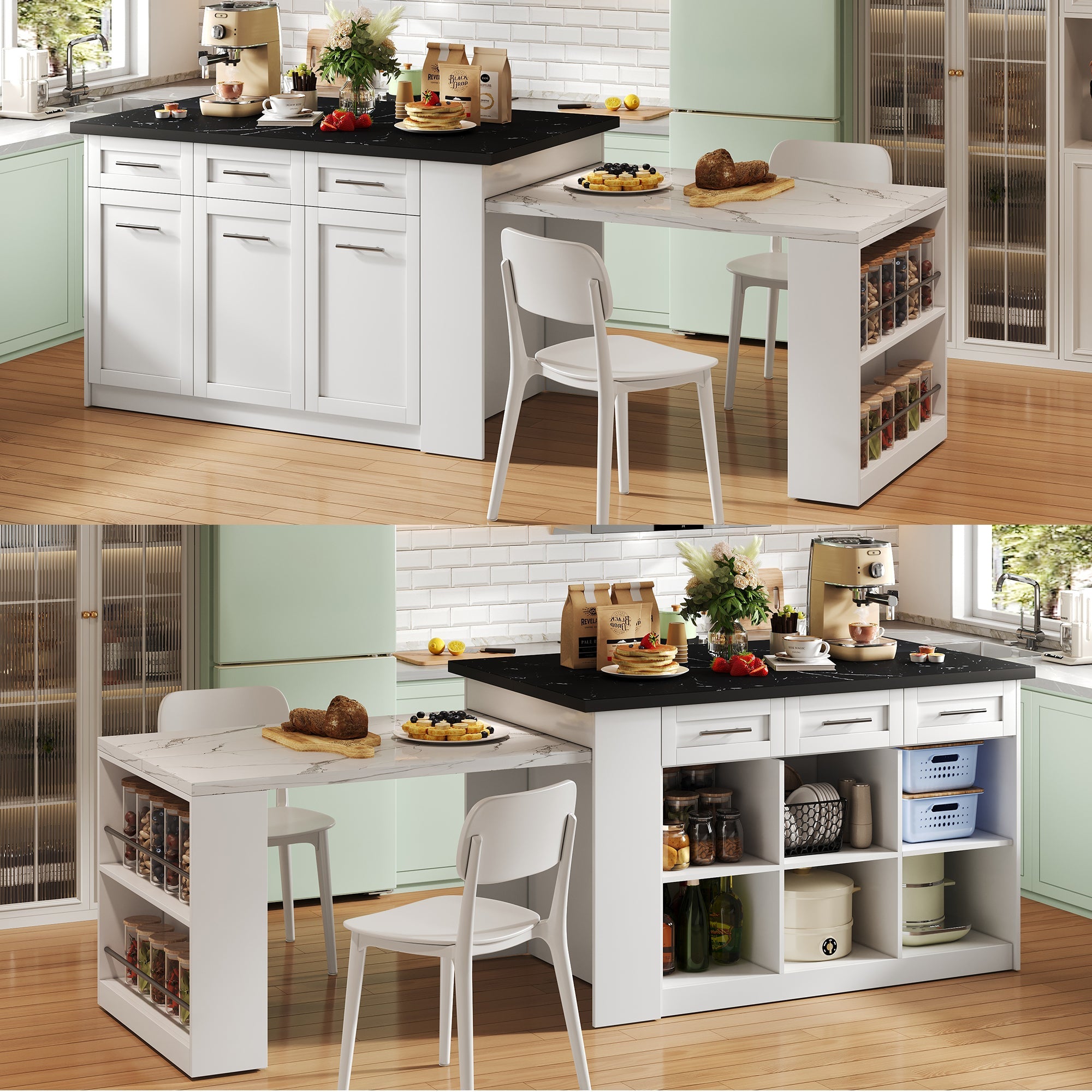 Logidon keukeneiland 150x96 cm wit met marmeren blad uitschuifbare eettafel