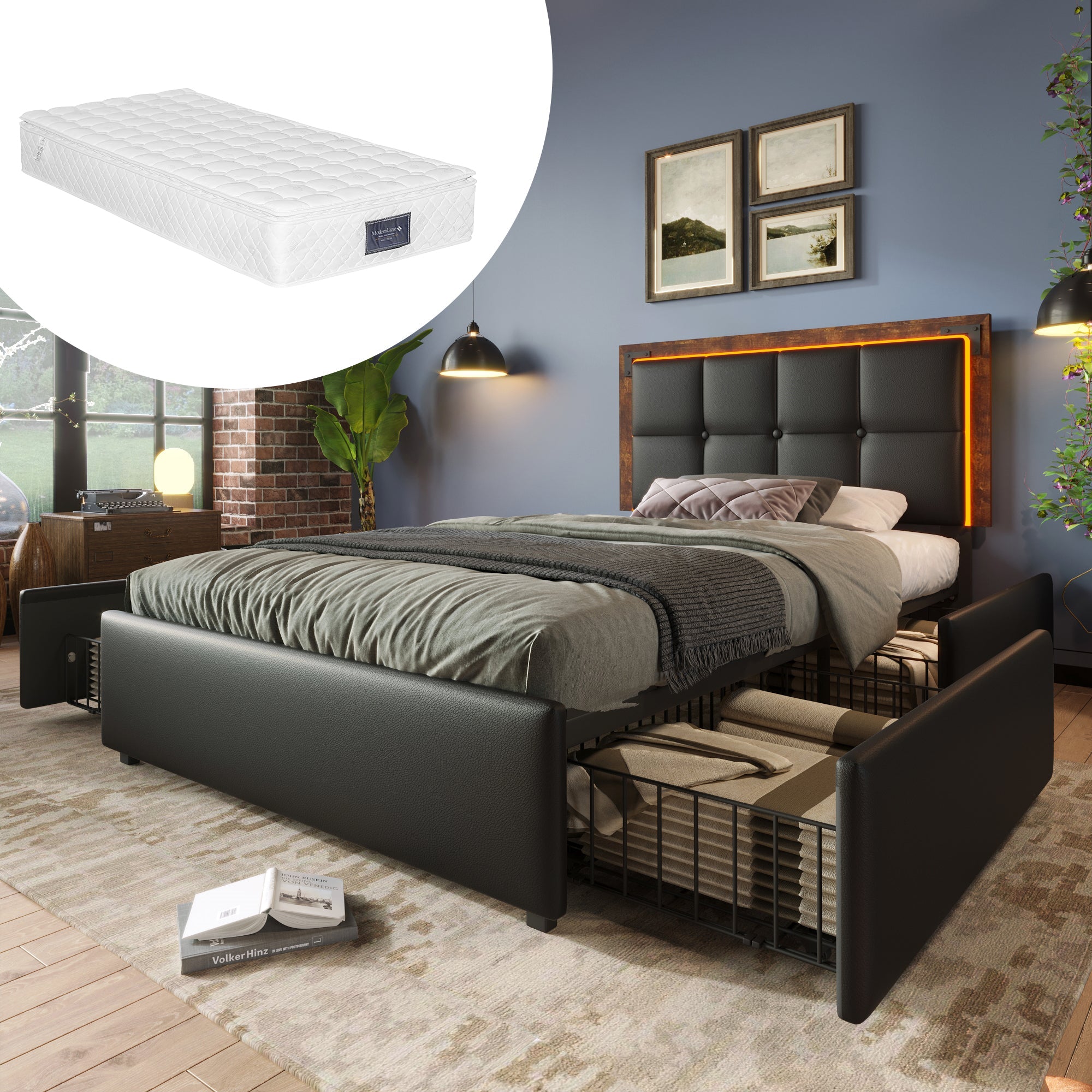 Logidon bed frame LED lighting strip 4 drawers 90x200 black