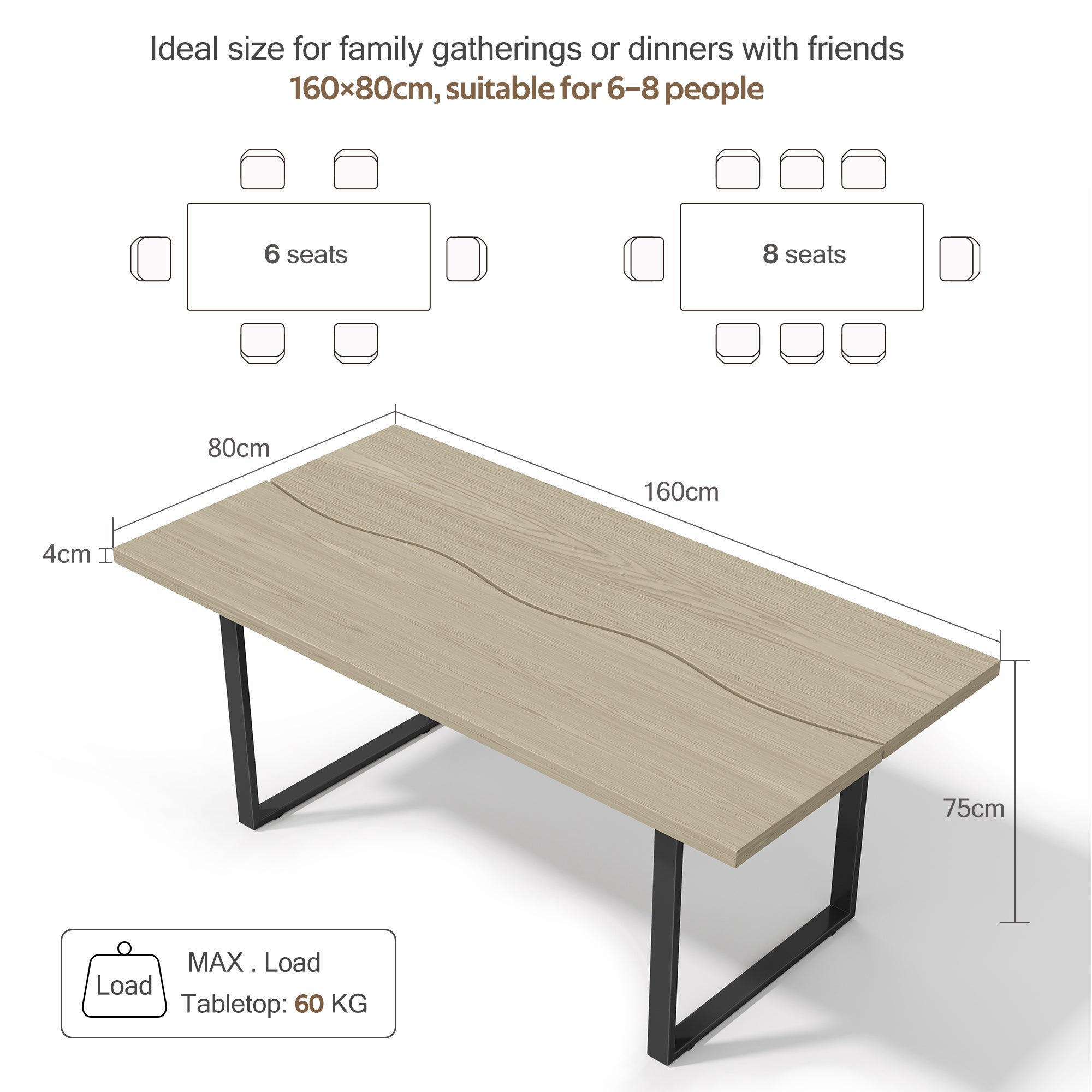 Logidon eettafel 160x80 cm industriële houtlook, metalen frame