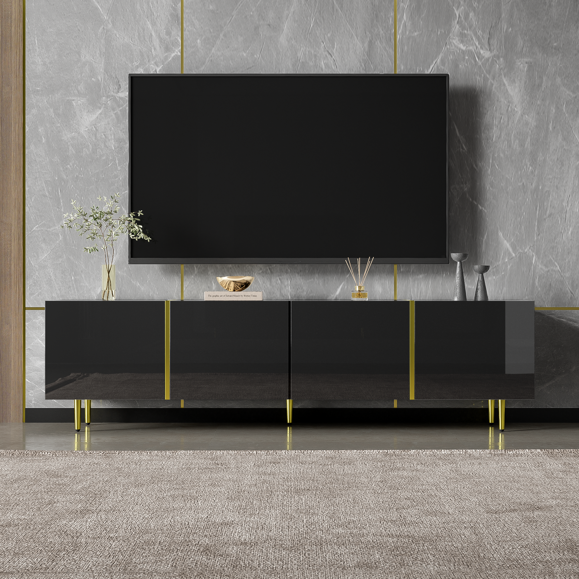 Logidon high-gloss TV cabinet 170 cm black-gold, 4 doors, modern