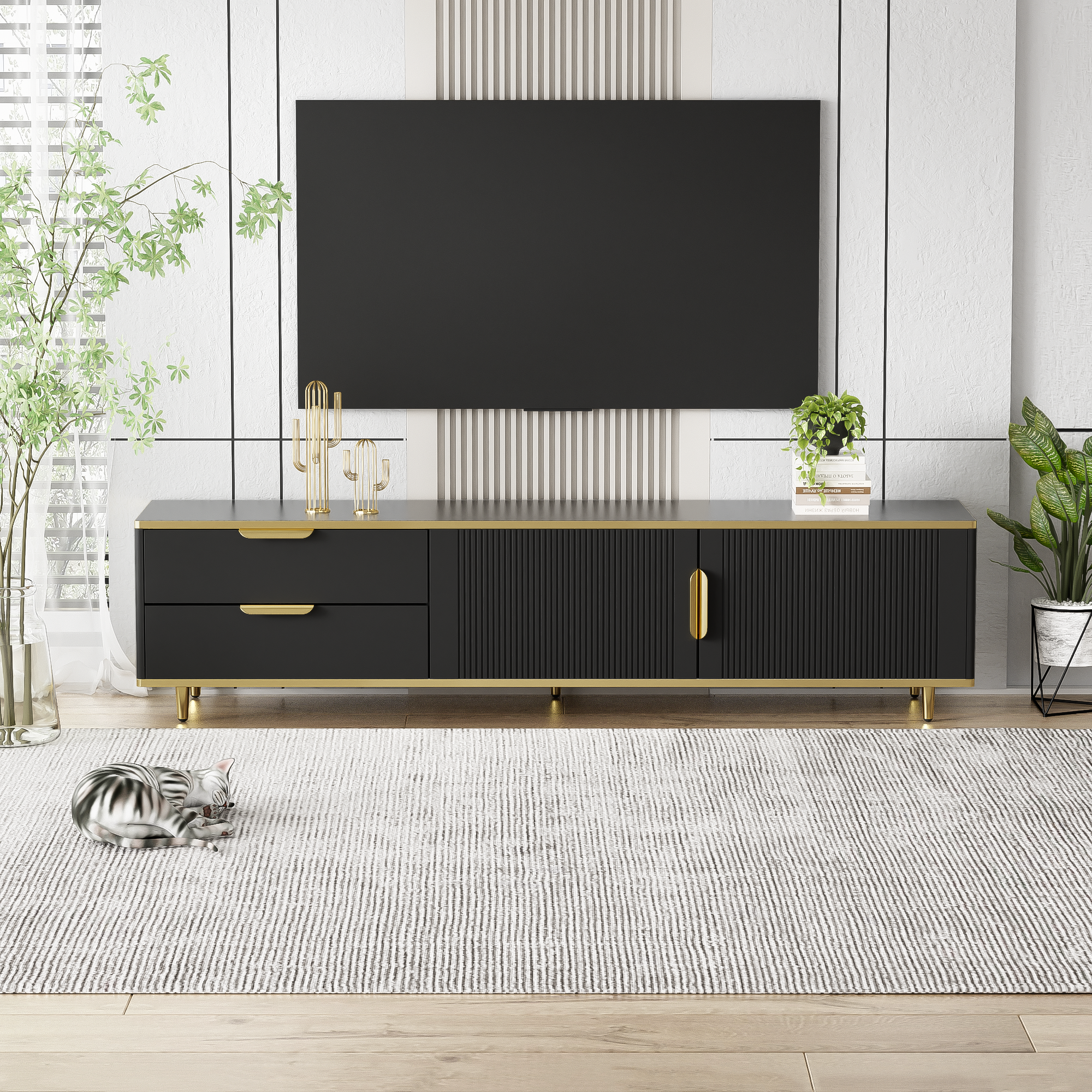 Logidon TV-meubel Lage Plaat Zwart met Gouden Handgrepen