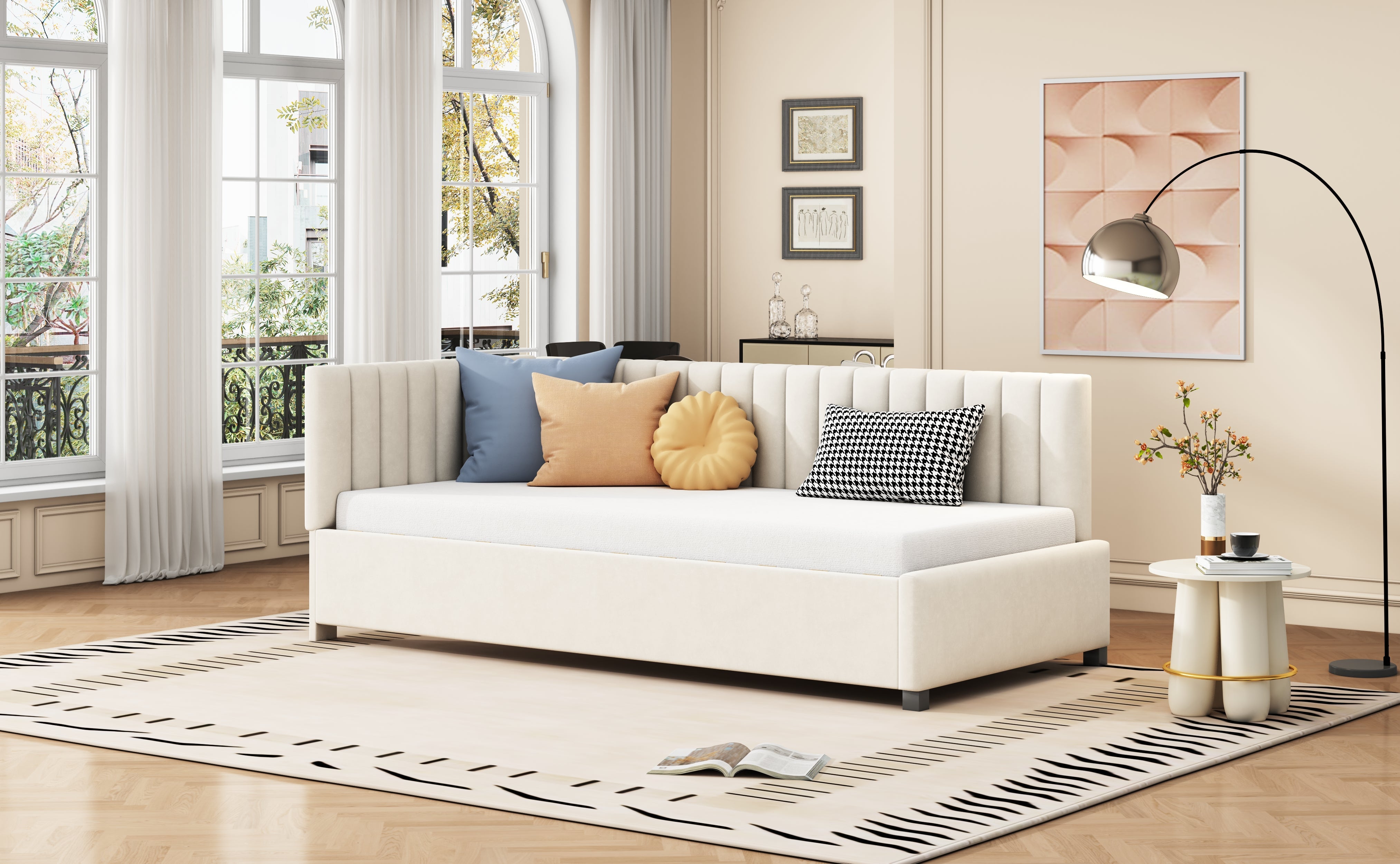 Logidon upholstered bed 90x200 multifunctional bed with slatted frame beige velvet