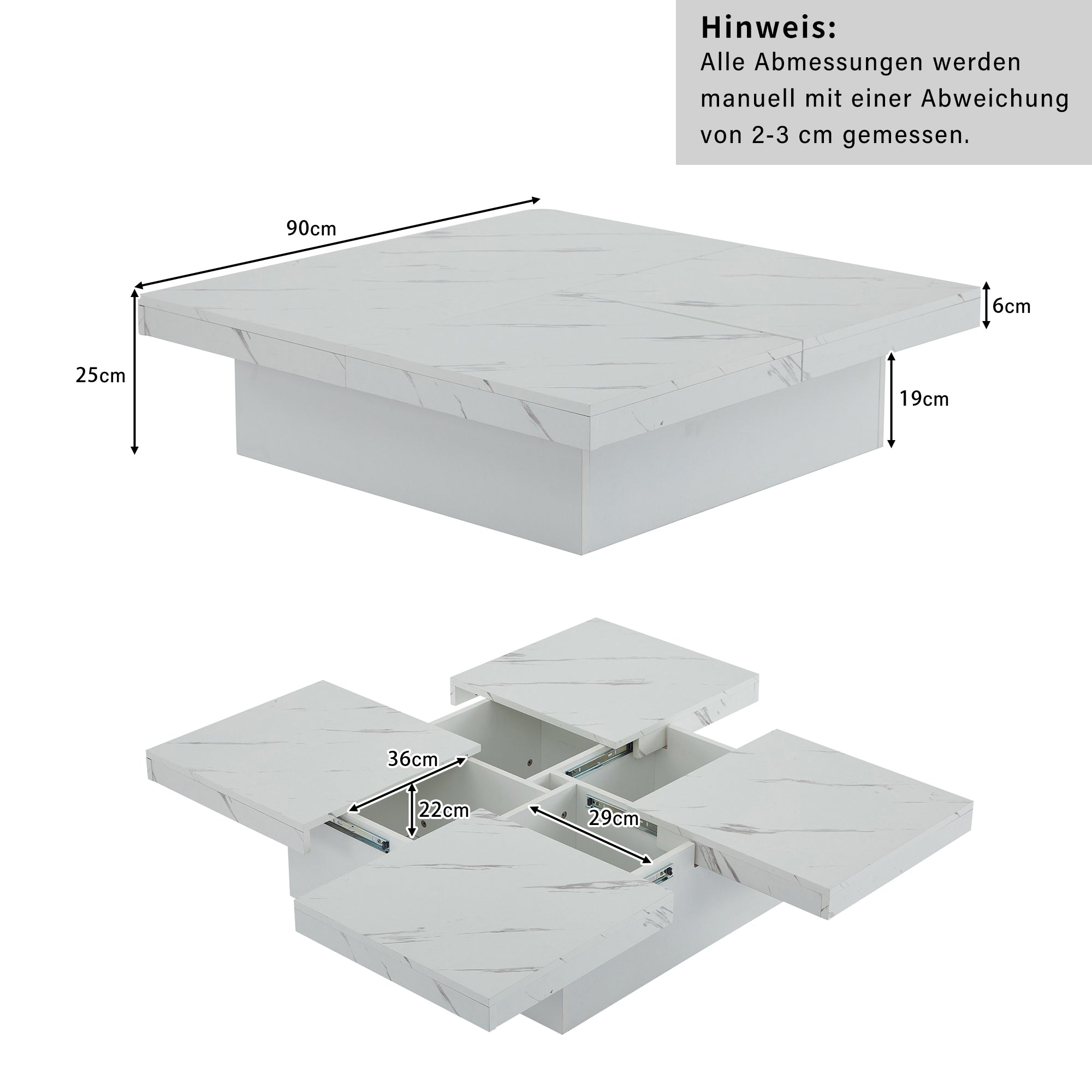 Logidon vierkante salontafel wit marmerlook 90x90x25 cm met lades