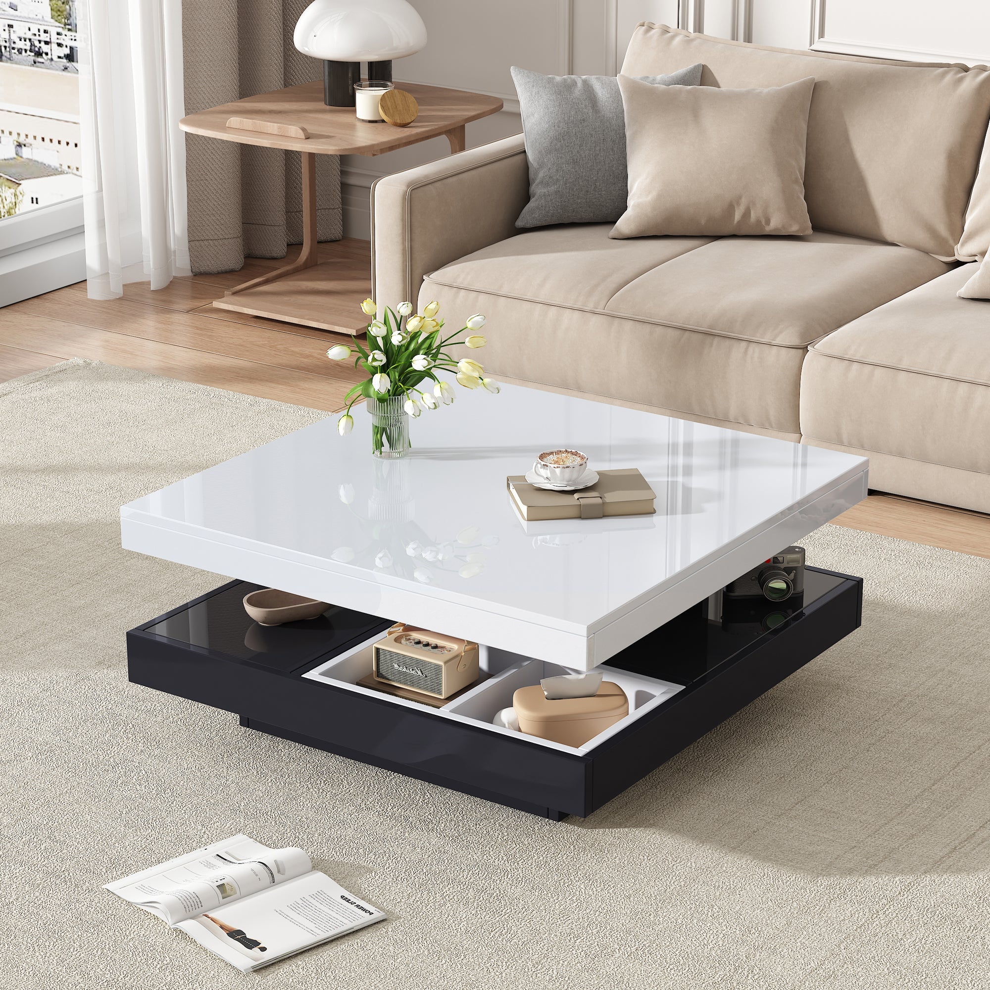 Logidon Draaibare Salontafel Wit Blad Zwart Onderstel 70x70x36