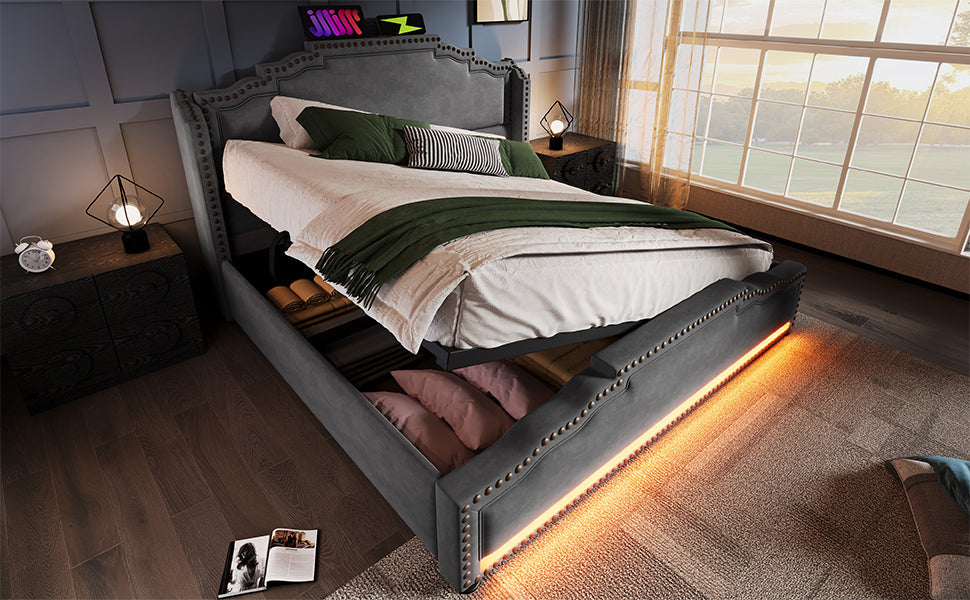 Logidon gestoffeerd bed 140x200 met hydraulische opbergruimte LED USB-C grijs